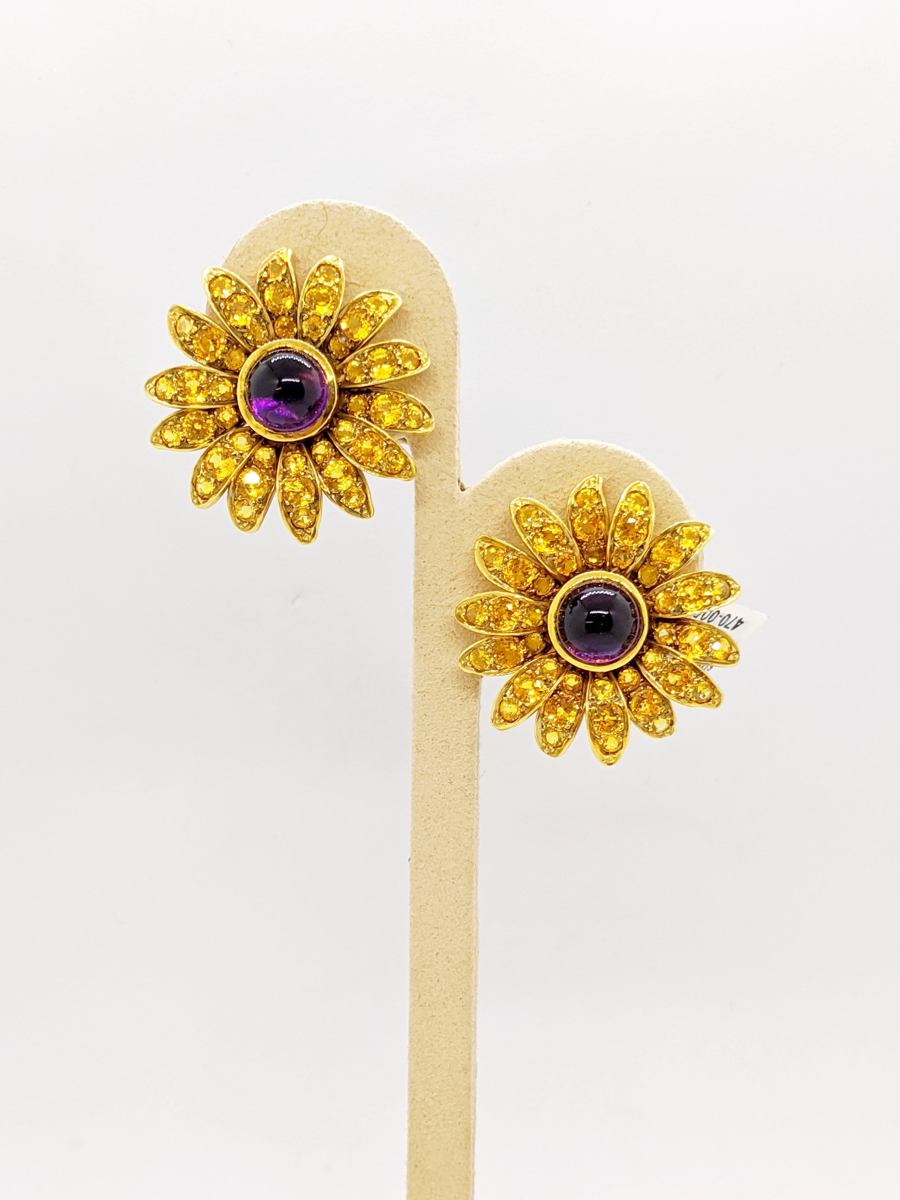 Women's or Men's Jean Vitau 18 Karat Yellow Gold Sunflower Earrings Yellow Sapphires and Amethyst For Sale