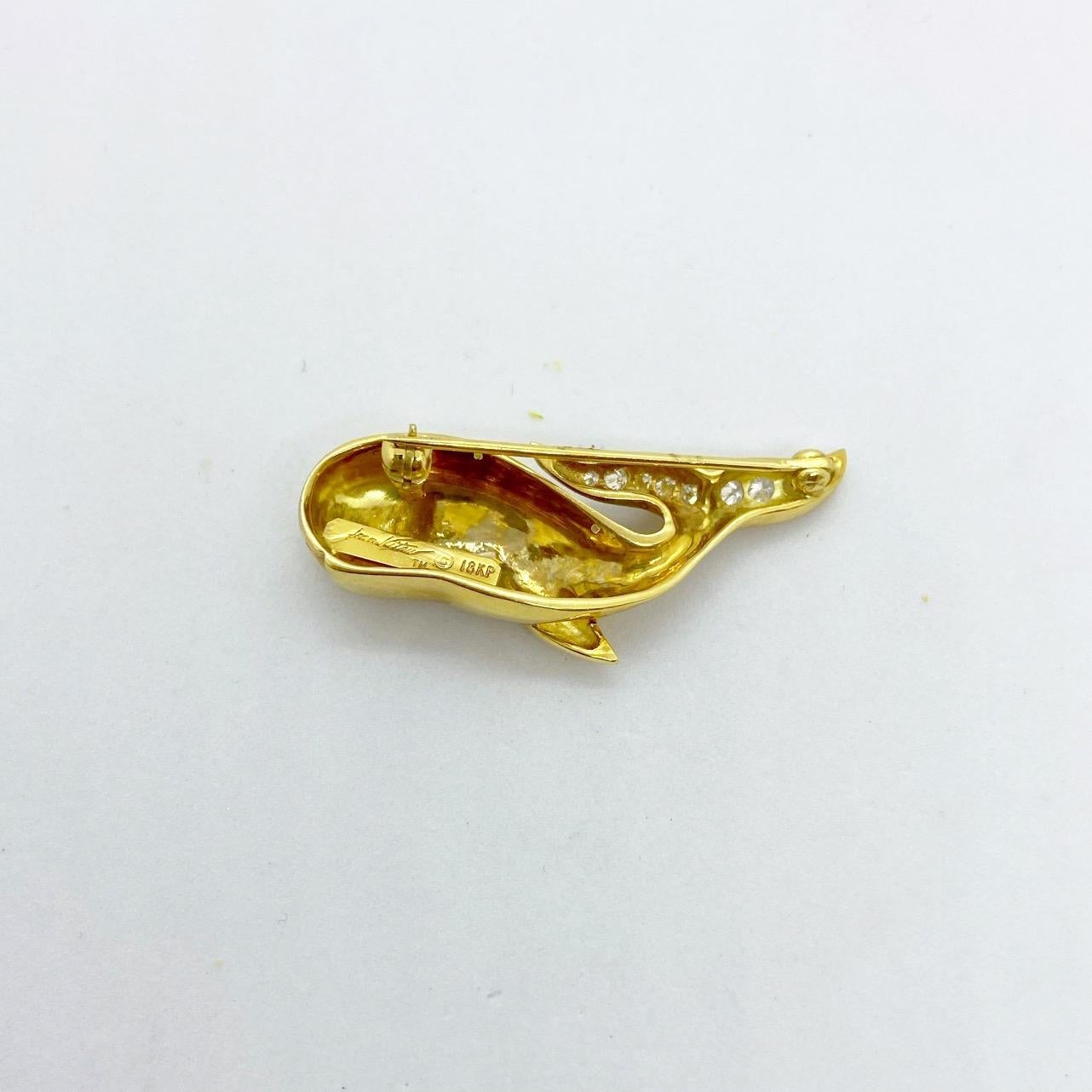 Round Cut Jean Vitau 18 Karat Yellow Gold Whale Brooch with .23 Carat Diamond Tail