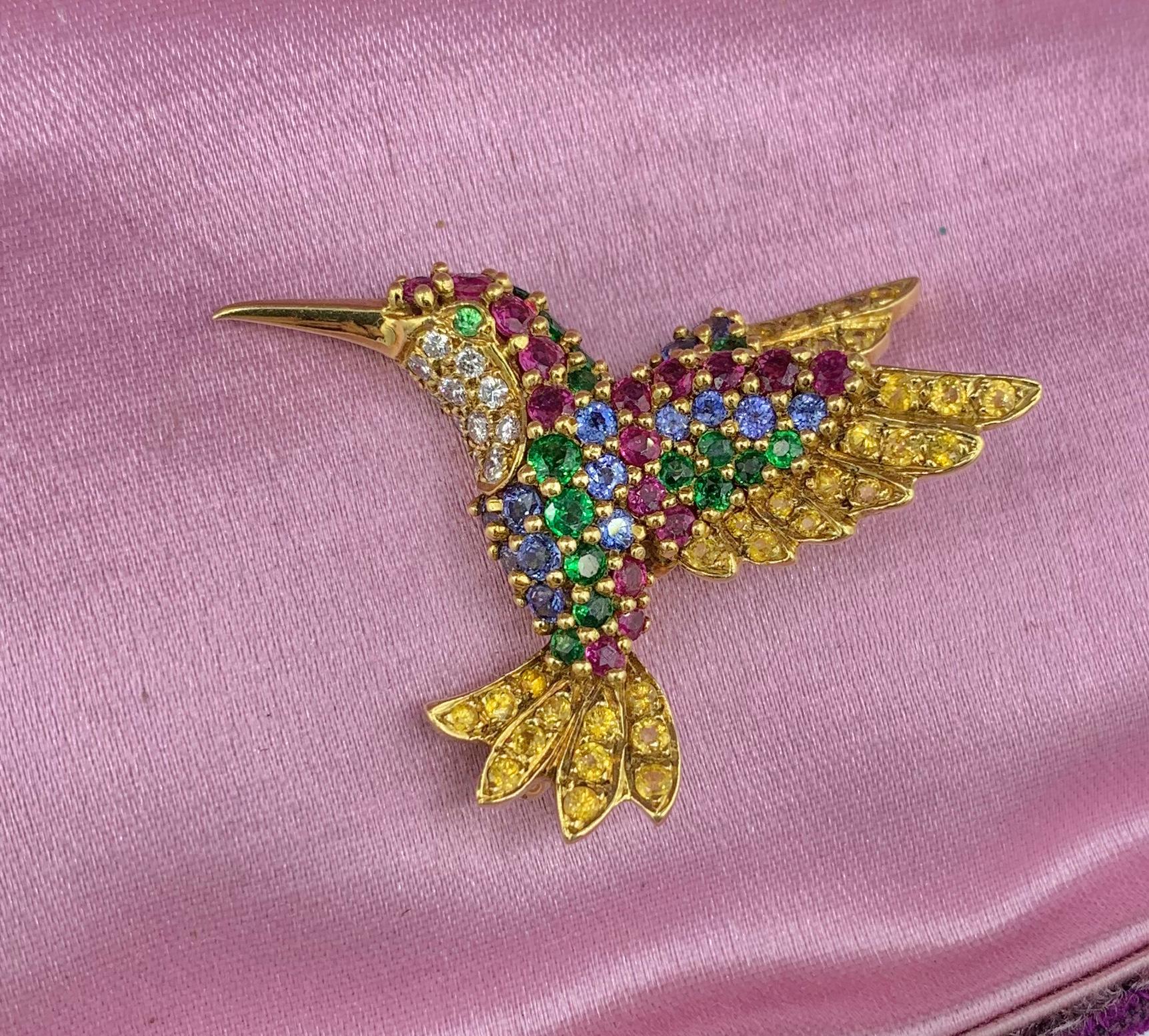 Jean Vitau 3 Brooch Pins Flower Humingbird Bird Sapphire Diamond 18 Karat Gold For Sale 1
