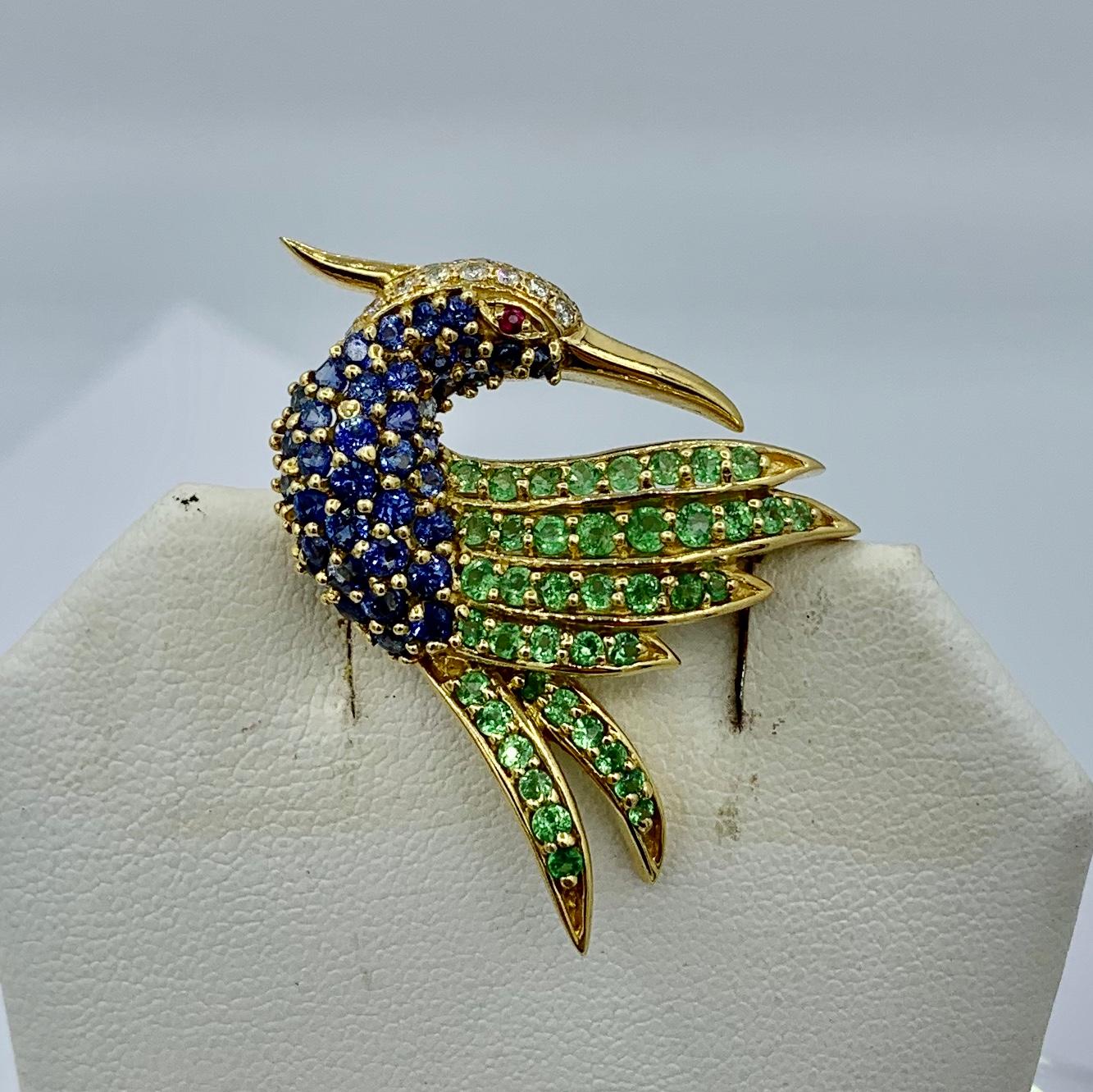 Jean Vitau 3 Brooch Pins Flower Humingbird Bird Sapphire Diamond 18 Karat Gold For Sale 5