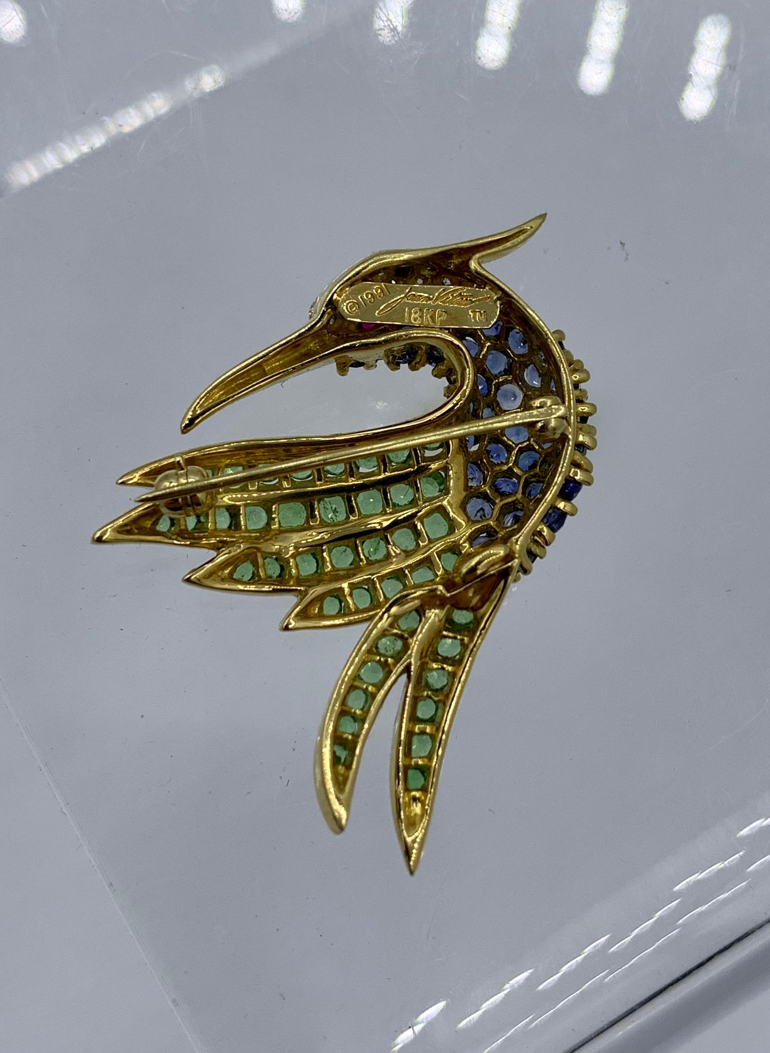Jean Vitau 3 Brooch Pins Flower Humingbird Bird Sapphire Diamond 18 Karat Gold For Sale 9