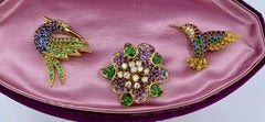 Jean Vitau 3 Brosche Anstecknadeln Blumen Humingbird Bird Saphir Diamant 18 Karat Gold