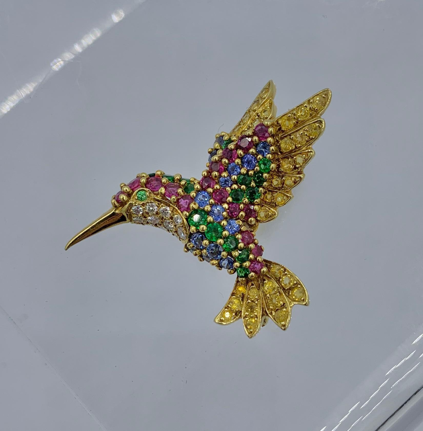 Contemporary Jean Vitau 3 Brooch Pins Flower Humingbird Bird Sapphire Diamond 18 Karat Gold For Sale