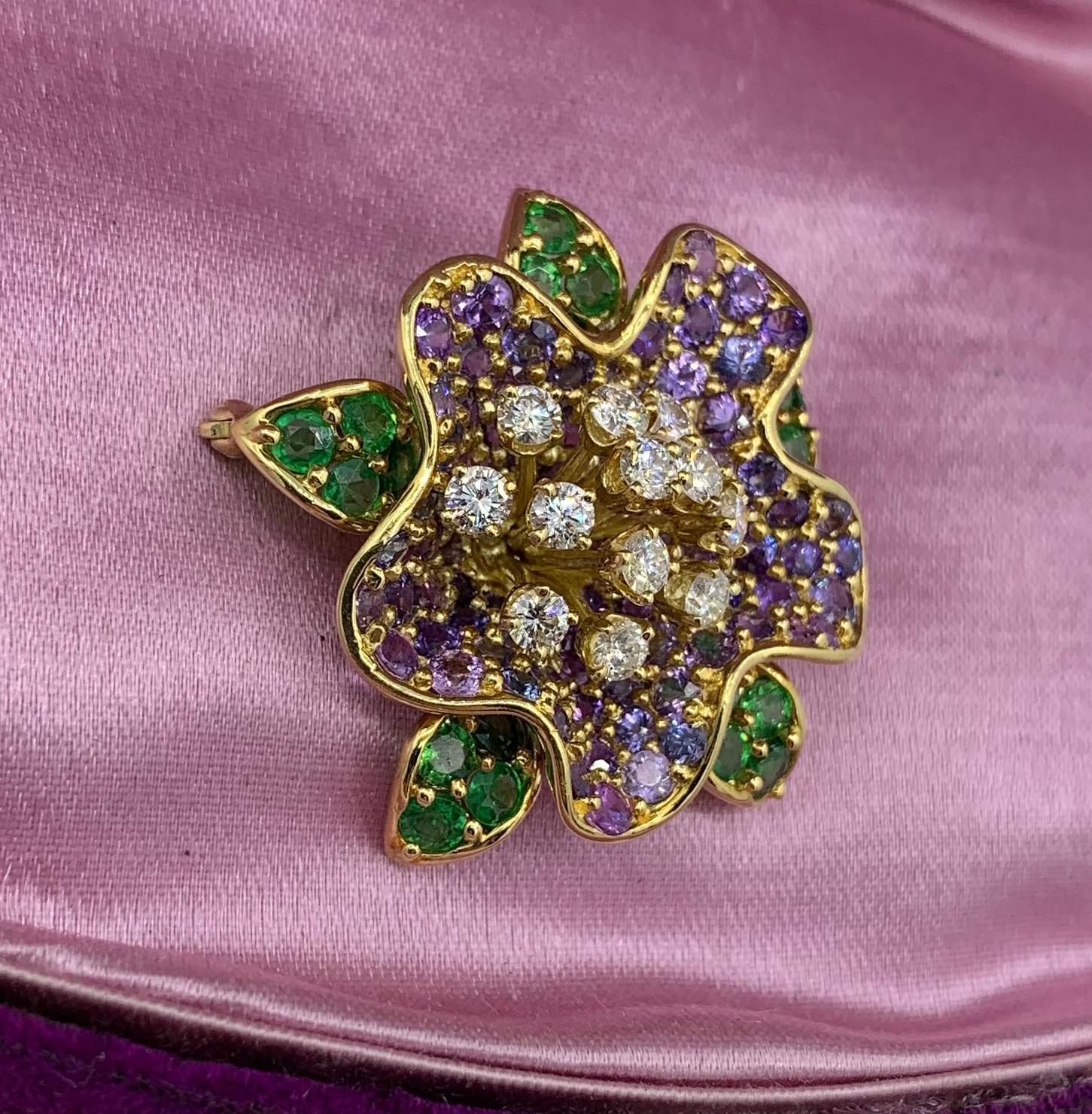 Women's Jean Vitau 3 Brooch Pins Flower Humingbird Bird Sapphire Diamond 18 Karat Gold For Sale