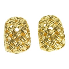 Jean Vitau Basket Weave Designer Huggies Gold Hoop Clip-On Earrings