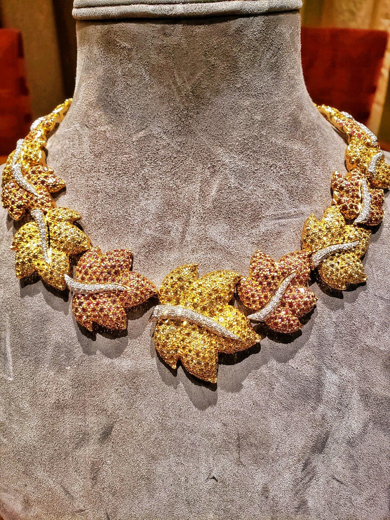 Jean Vitau Cognac and Yellow Sapphire Leaf Garland Necklace In New Condition For Sale In New York, NY