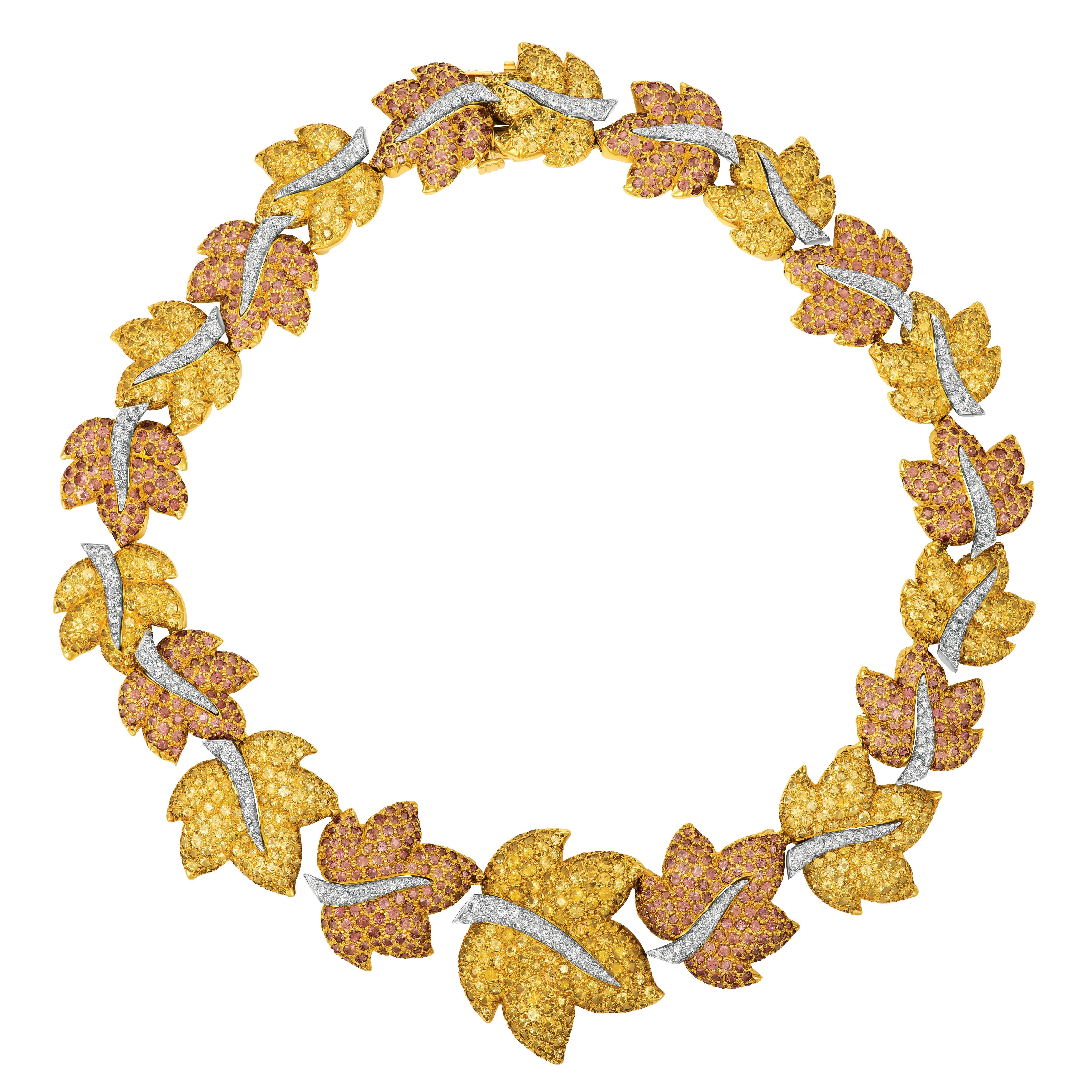 Jean Vitau Cognac and Yellow Sapphire Leaf Garland Necklace For Sale