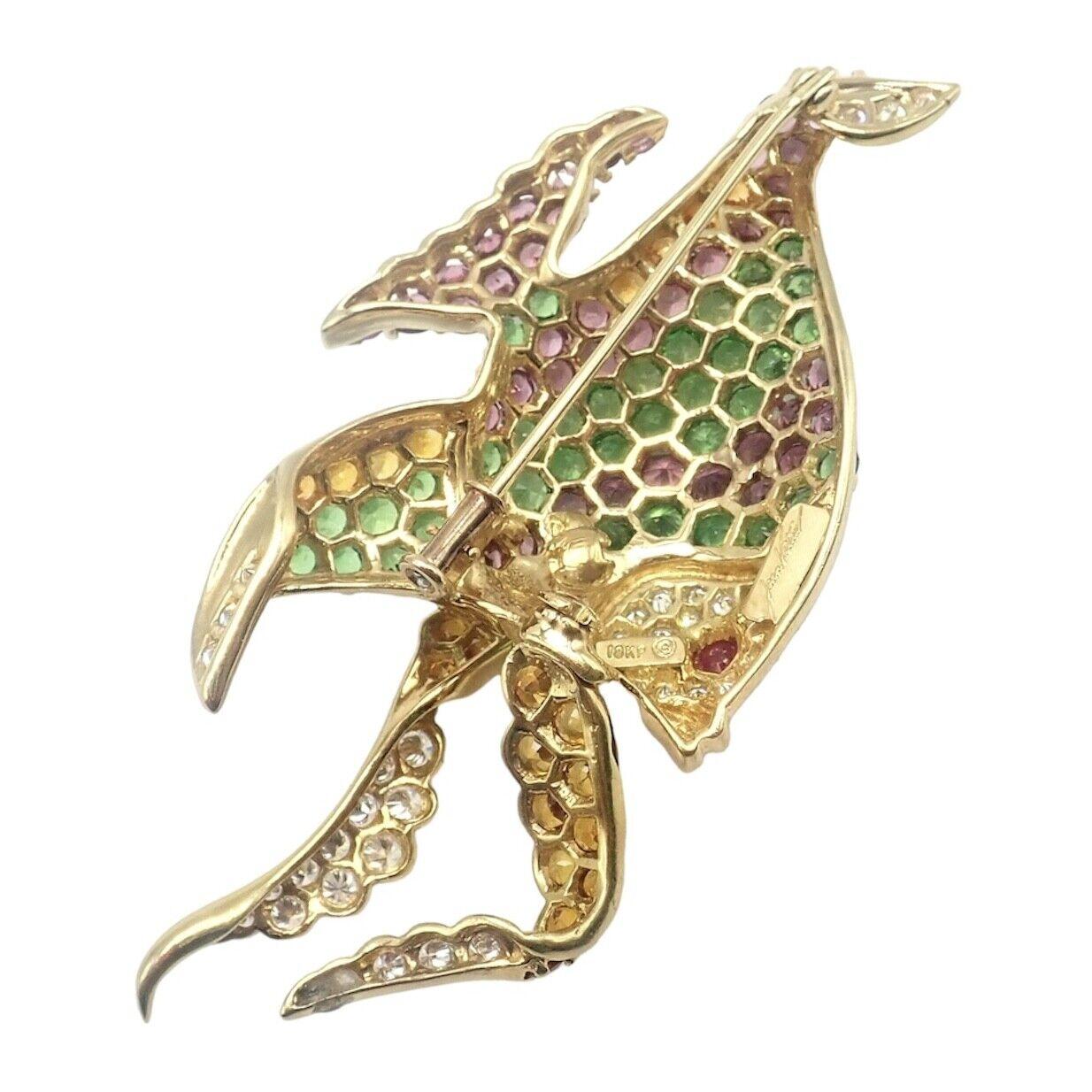 Round Cut Jean Vitau Diamond Color Stone Large Angel Fish Yellow Gold Brooch For Sale