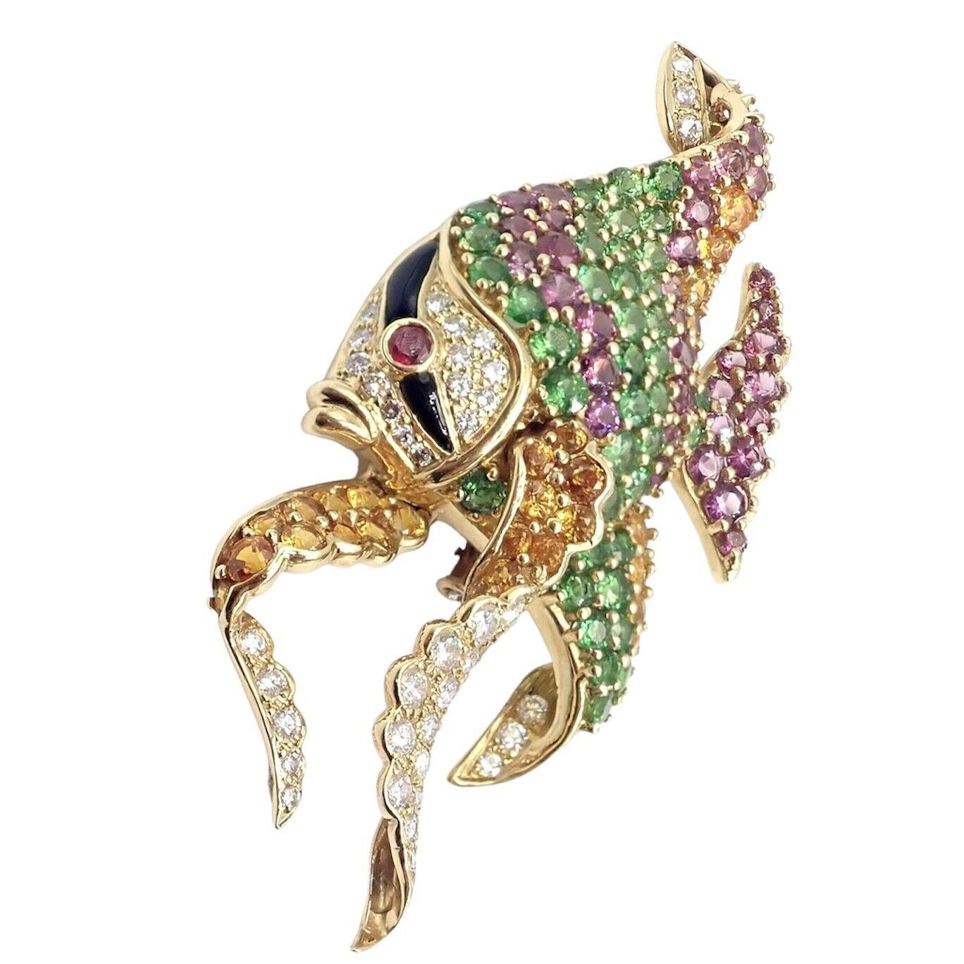 Women's or Men's Jean Vitau Diamond Color Stone Large Angel Fish Yellow Gold Brooch For Sale