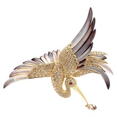 Jean Vitau Diamond Mother of Pearl Large Stork Yellow Gold Brooch