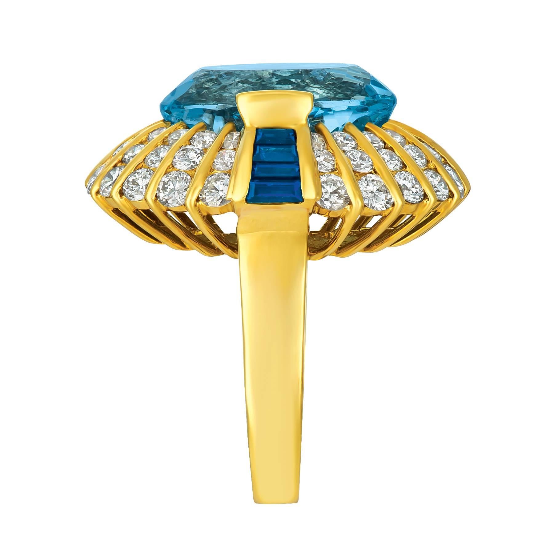 Women's or Men's Jean Vitau Gem Oval Aquamarine, Diamond and Baguette Sapphire Ring For Sale