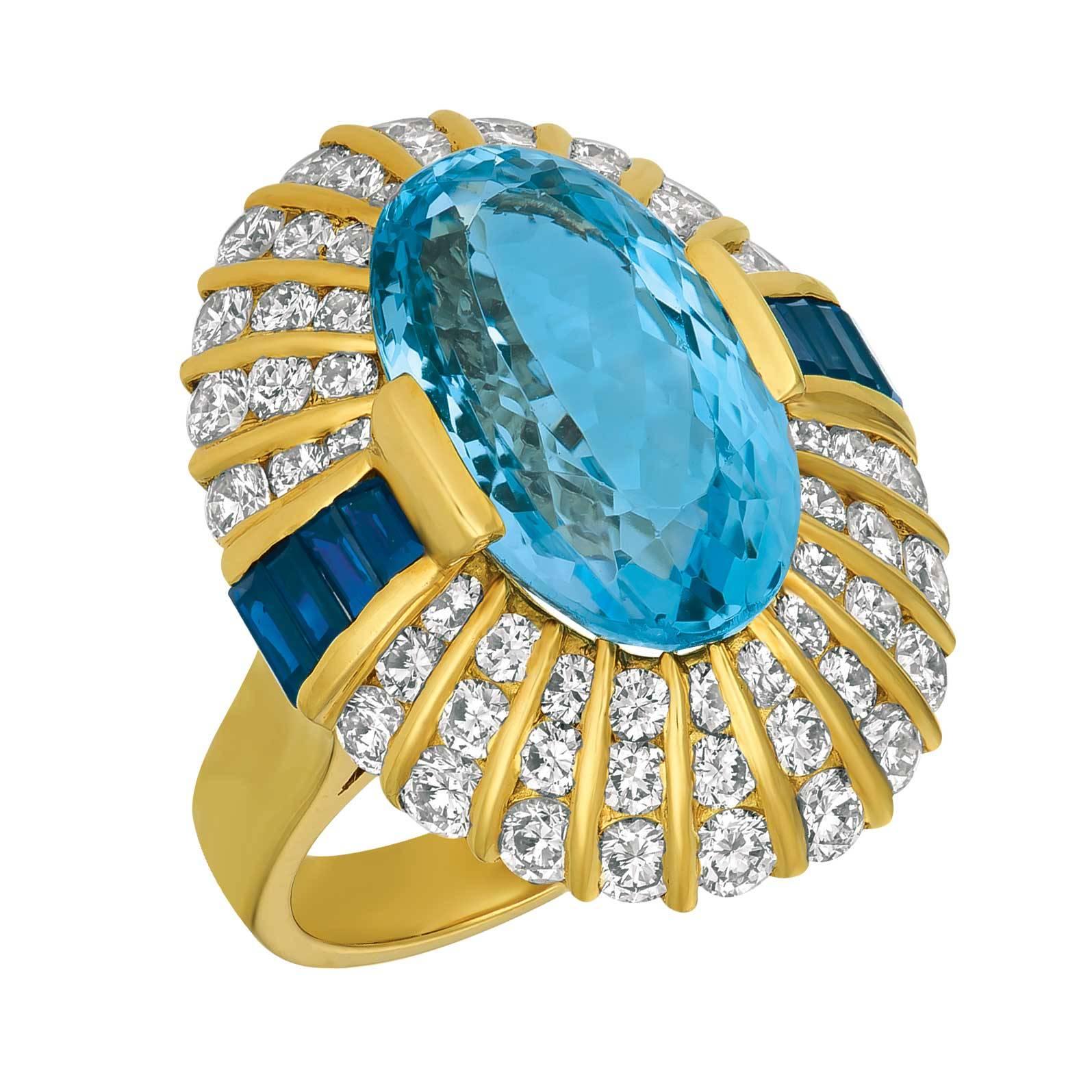 Jean Vitau Gem Oval Aquamarine, Diamond and Baguette Sapphire Ring For Sale