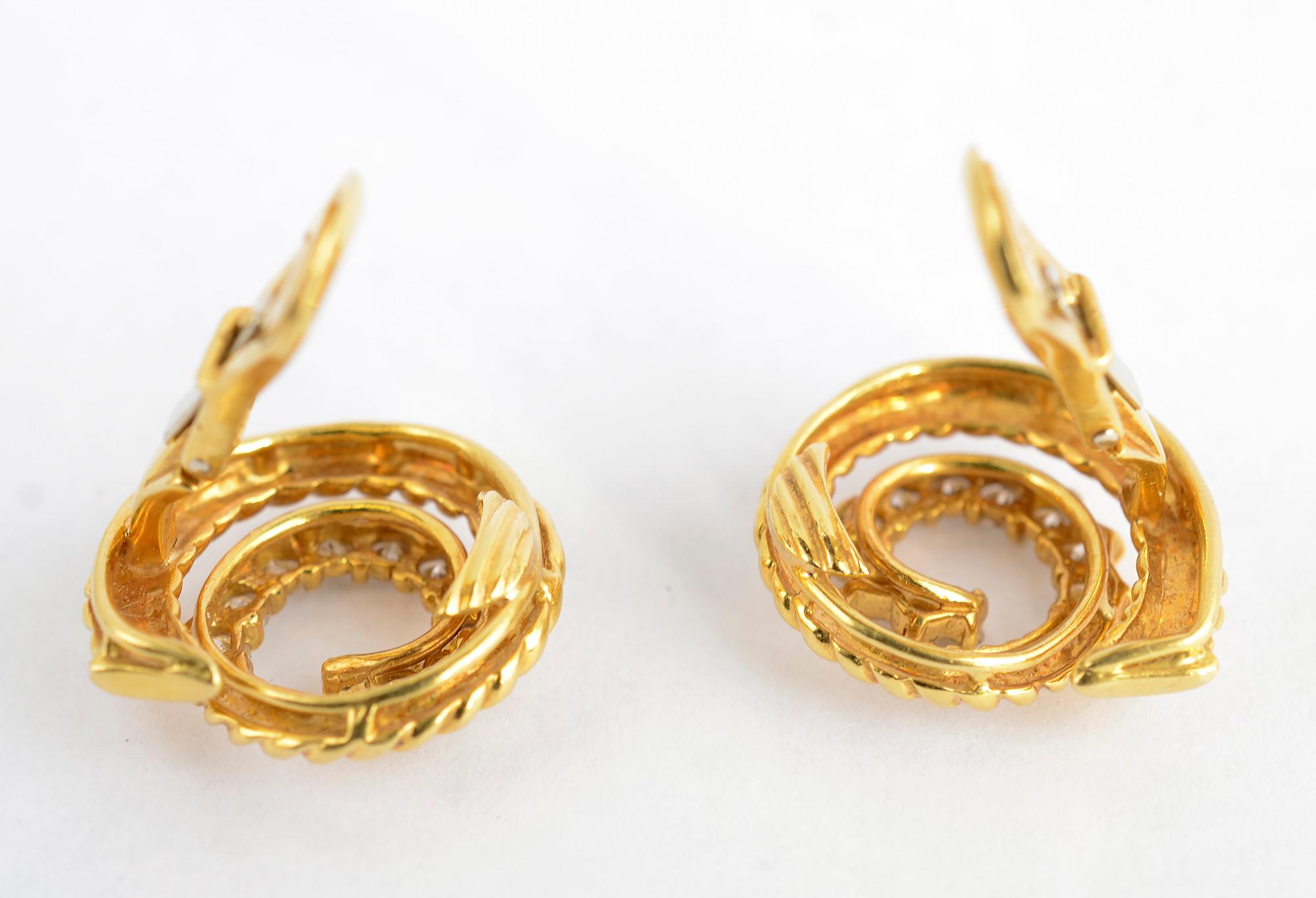 Jean Vitau Gold and Diamond Coil Earrings In Excellent Condition In Darnestown, MD