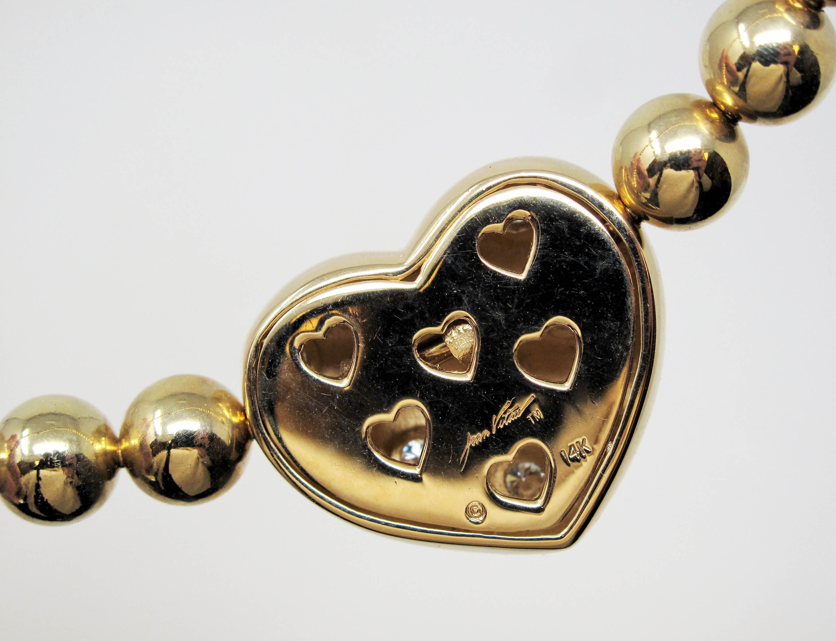Jean Vitau Graduated Ball Choker Necklace with Fixed Diamond Heart Yellow Gold 5