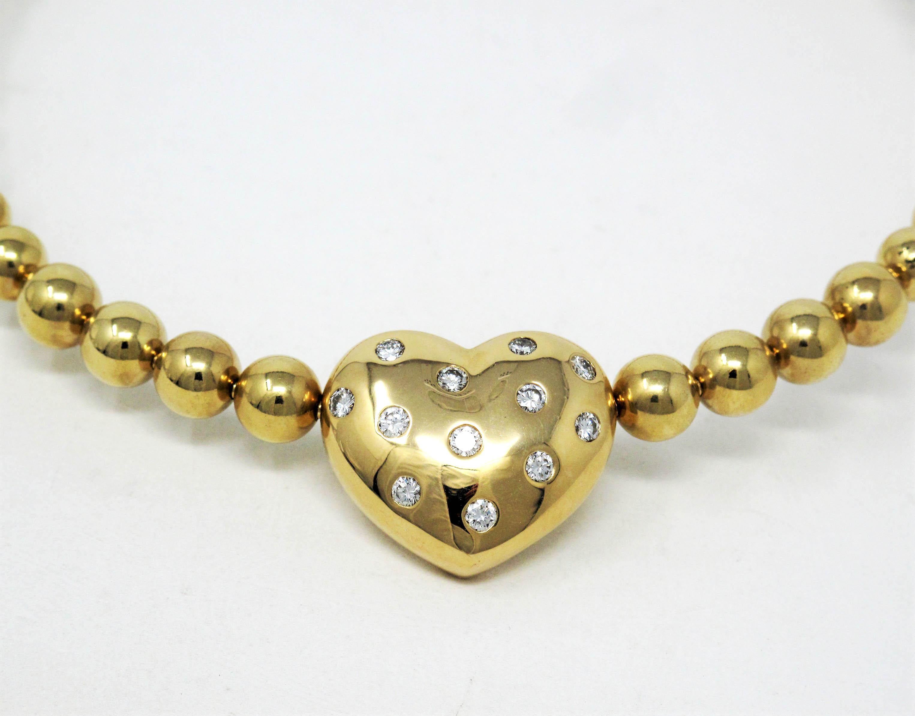 Round Cut Jean Vitau Graduated Ball Choker Necklace with Fixed Diamond Heart Yellow Gold