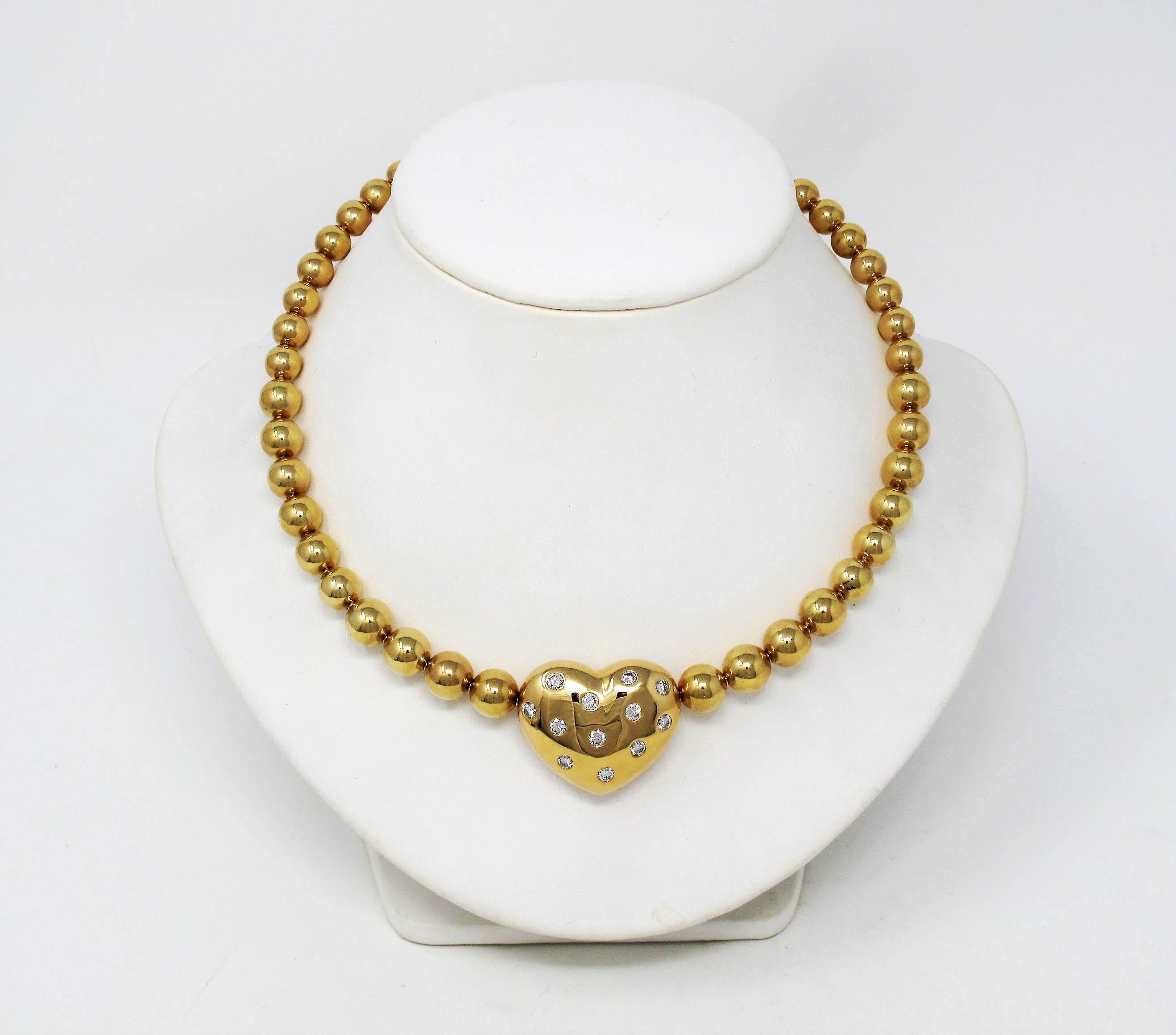 Jean Vitau Graduated Ball Choker Necklace with Fixed Diamond Heart Yellow Gold In Good Condition In Scottsdale, AZ