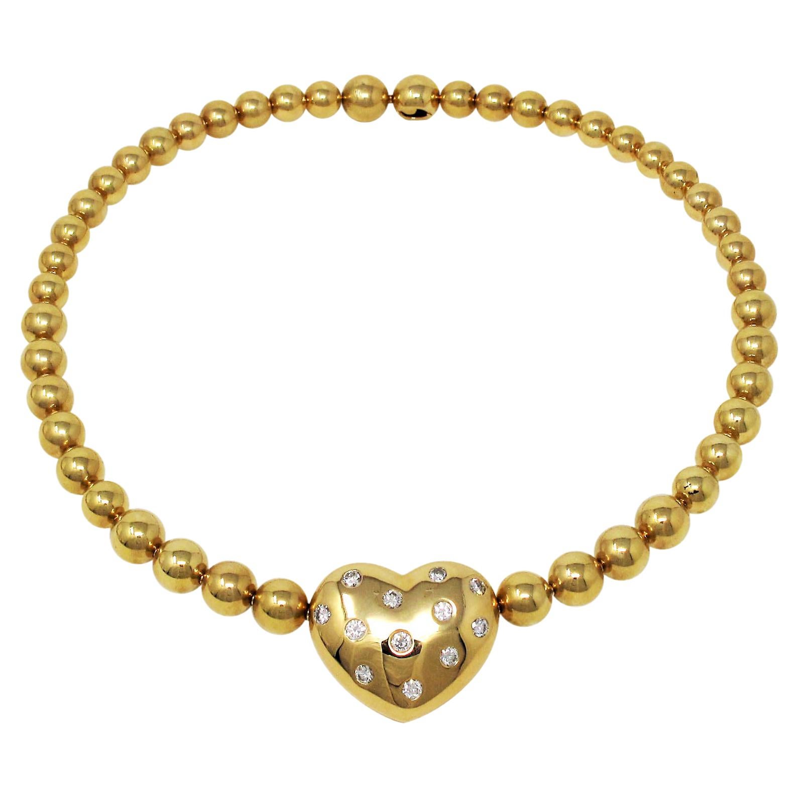 Jean Vitau Graduated Ball Choker Necklace with Fixed Diamond Heart Yellow Gold