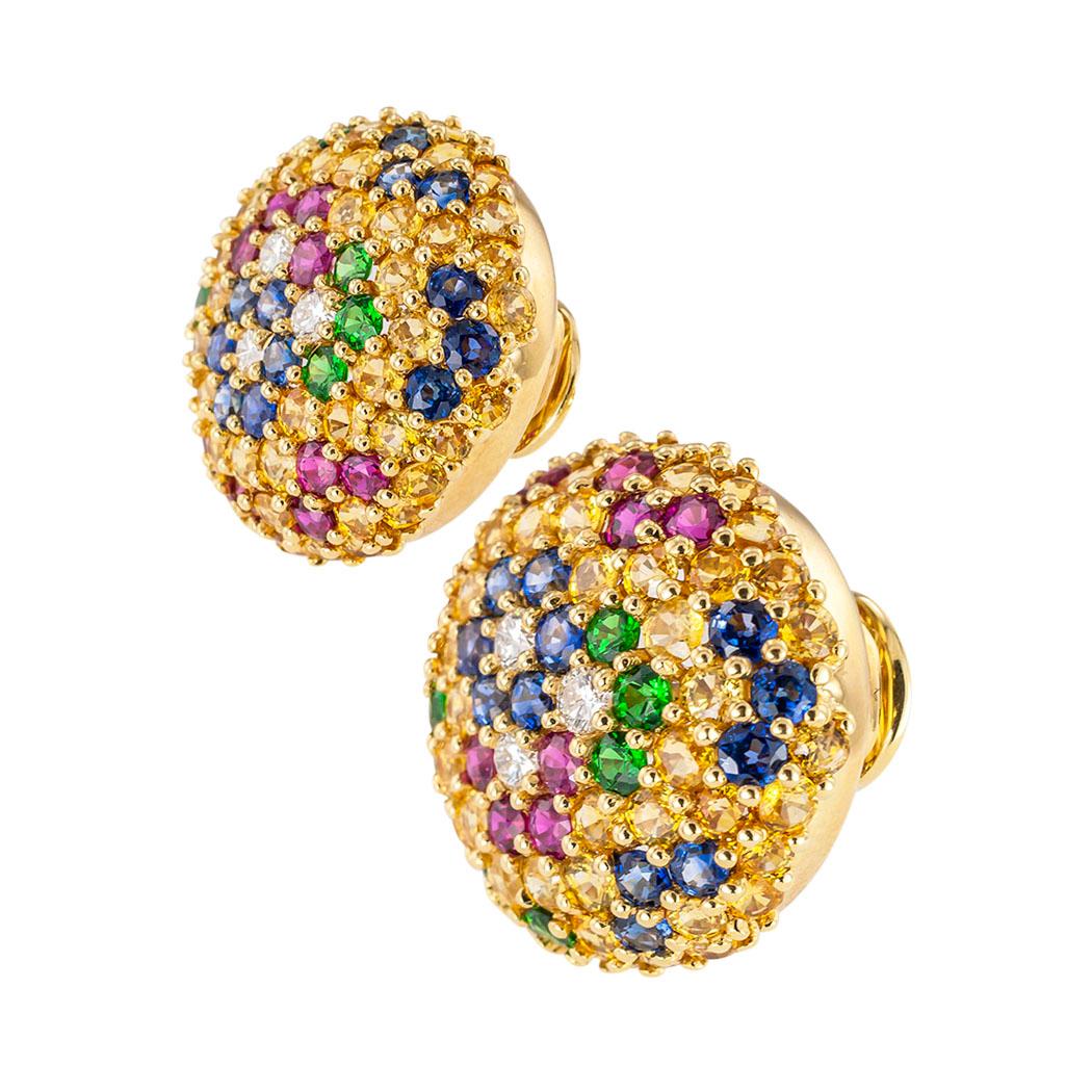 Jean Vitau multicolored precious gems and diamonds yellow gold clip on earrings circa 1990.  Clear and concise information you want to know is listed below.  Contact us right away if you have additional questions.  We are here to connect you with