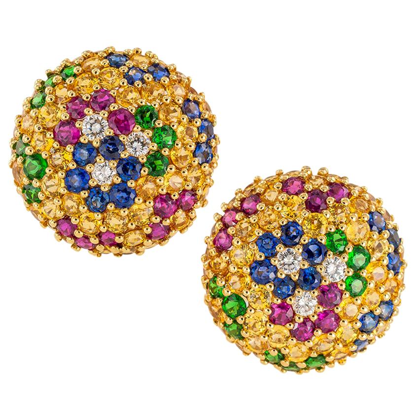 Jean Vitau Multicolored Gemstone Diamond Yellow Gold Clip-On Earrings