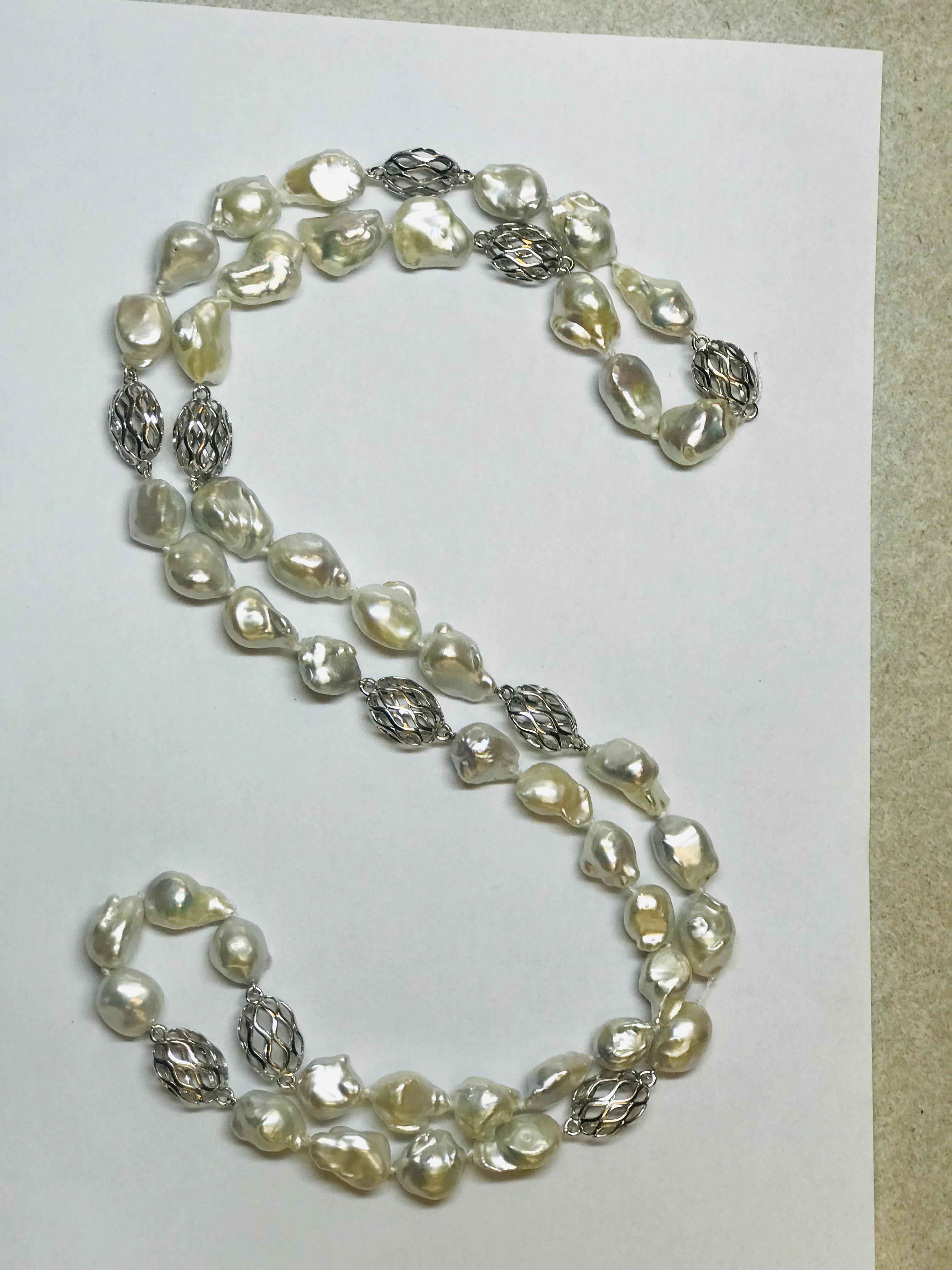 Jean Vitau Opera Length Baroque Pearl Neck with 18 Karat White Gold Motifs In New Condition For Sale In New York, NY