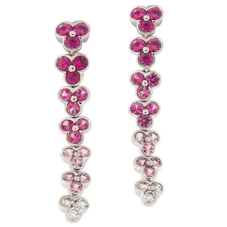 Round Cut Jean Vitau Pink Sapphire Diamond 18 Karat White Gold Wisteria Earrings For Sale