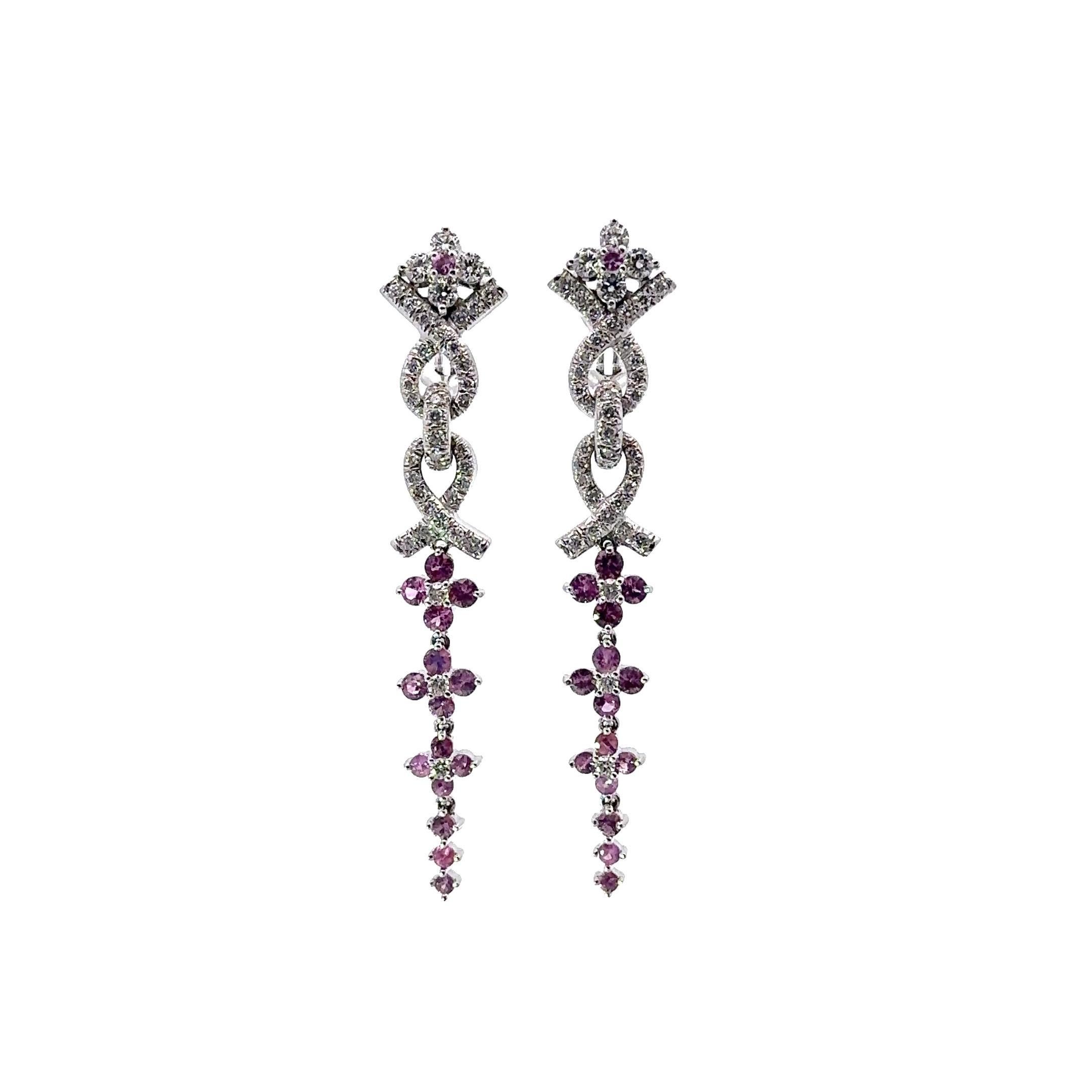 Contemporaneo Orecchini a clip lunghi in oro bianco 18k con diamante e zaffiro rosa di Jean Vitau in vendita