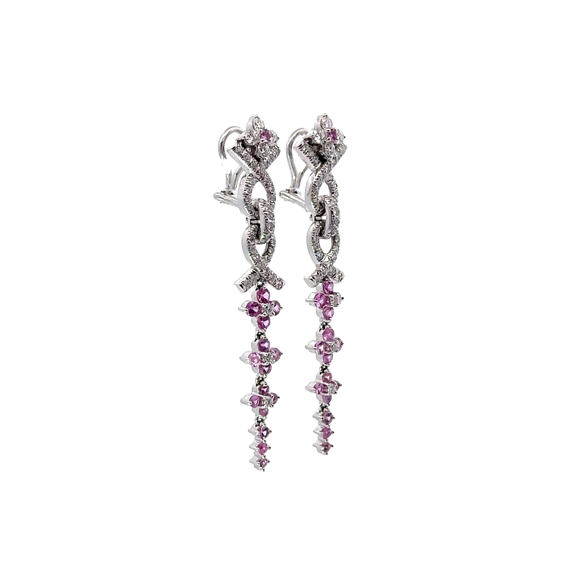 Taglio rotondo Orecchini a clip lunghi in oro bianco 18k con diamante e zaffiro rosa di Jean Vitau in vendita