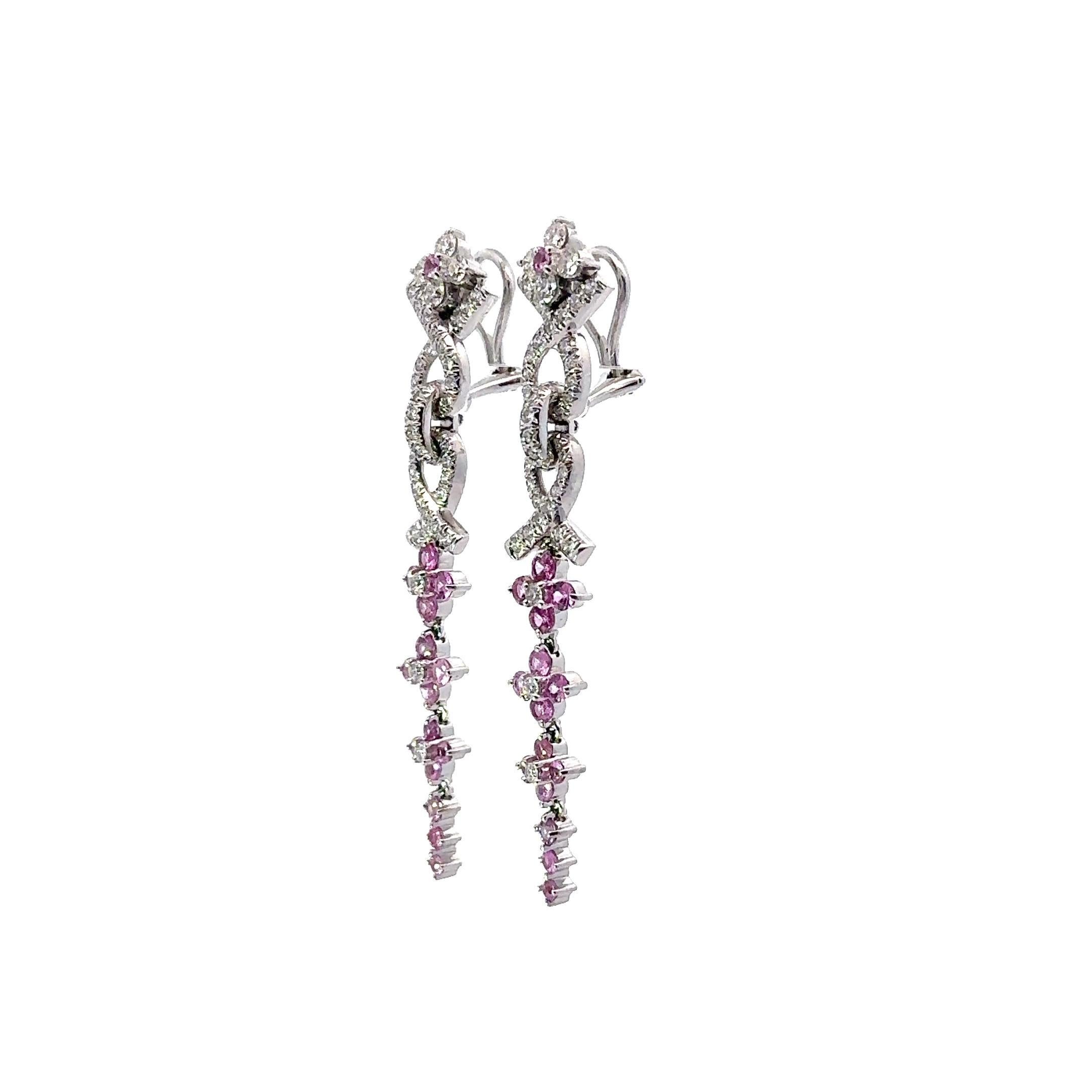 Orecchini a clip lunghi in oro bianco 18k con diamante e zaffiro rosa di Jean Vitau In condizioni ottime in vendita a Beverly Hills, CA