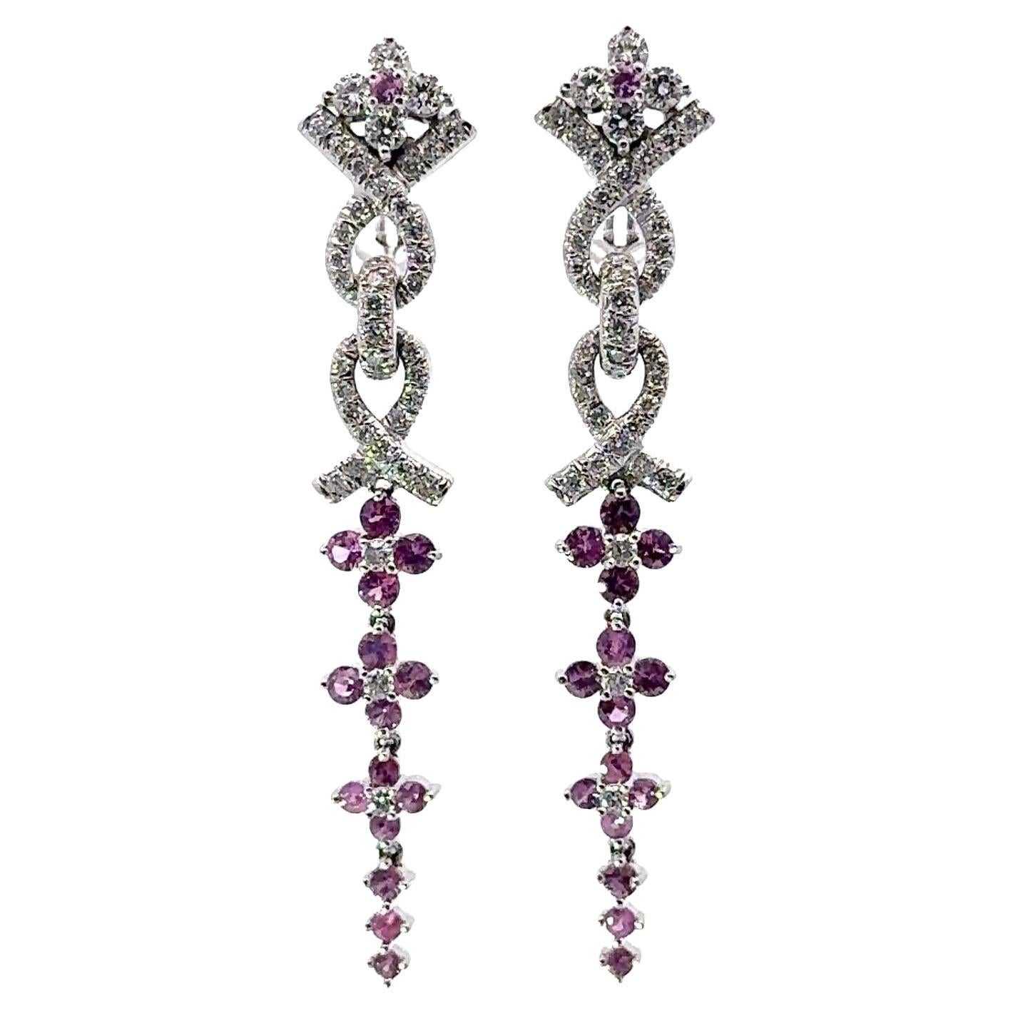 Jean Vitau Zafiro rosa Diamante Oro blanco 18k Pendientes de clip de gota larga