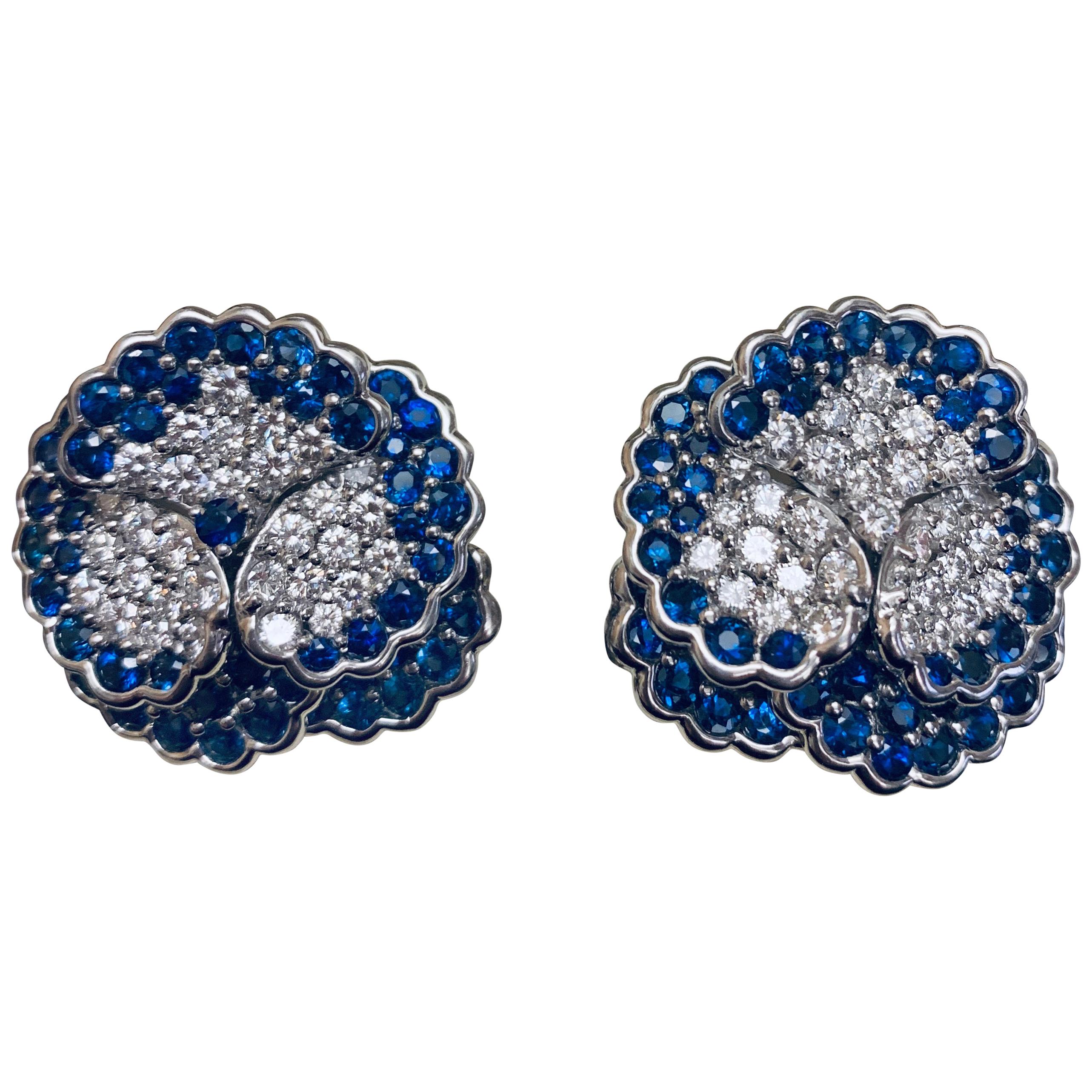 Jean Vitau Platinum Blue Sapphire and Diamond Pansy Earrings For Sale