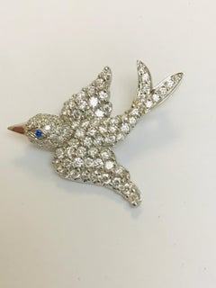 Jean Vitau Platinum Diamond Dove Bird Brooch with Blue Sapphire Eye