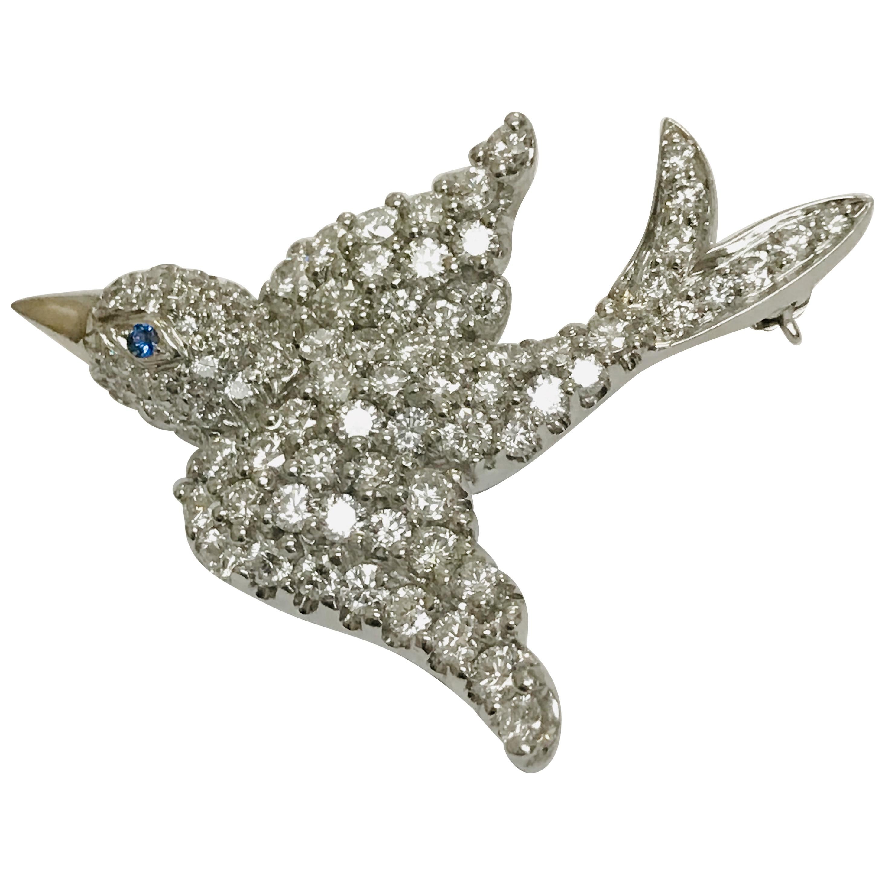 Jean Vitau Platinum Diamond Dove Bird Brooch with Blue Sapphire Eye For Sale
