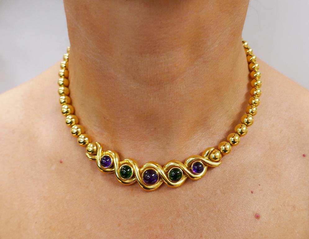 Jean Vitau Vintage 18k Gold Set Necklace and Earrings Gemstones Estate Jewelry For Sale 8