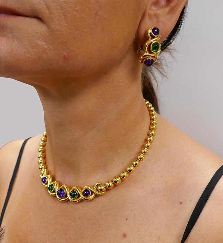 Jean Vitau Vintage 18k Gold Set Necklace and Earrings Gemstones Estate Jewelry For Sale 9