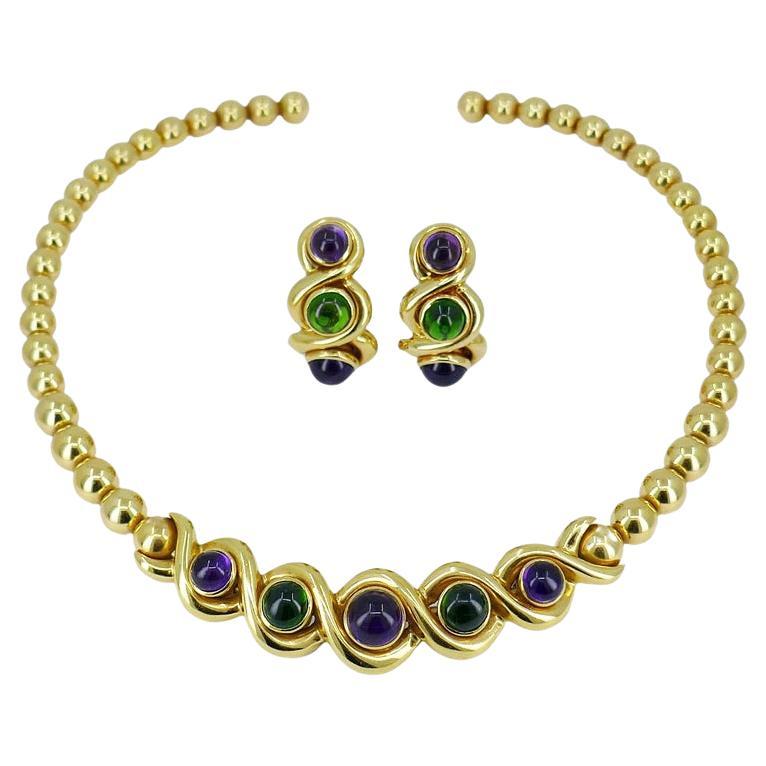 Jean Vitau Vintage 18k Gold Set Necklace and Earrings Gemstones Estate Jewelry For Sale