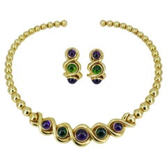Jean Vitau Retro 18k Gold Set Necklace and Earrings Gemstones Estate Jewelry