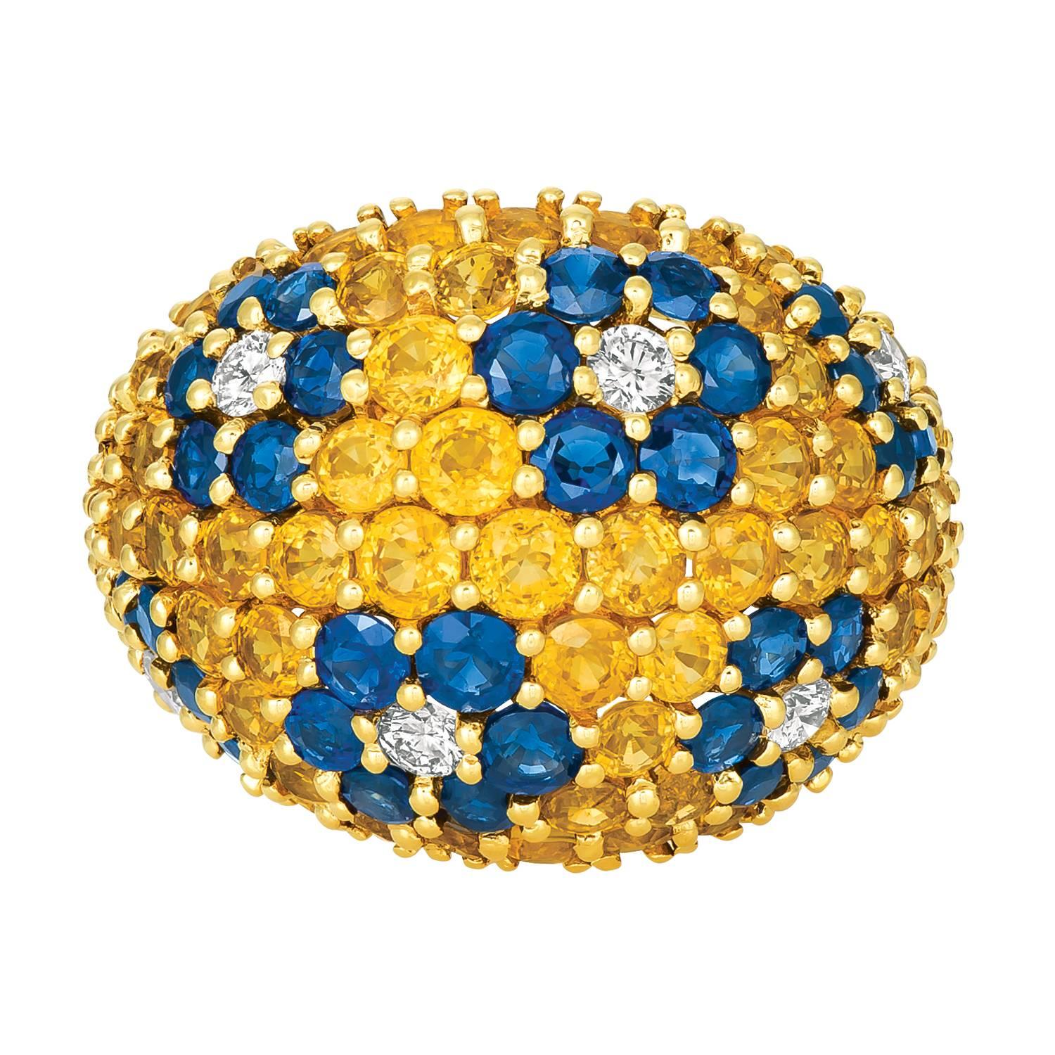 Round Cut Jean Vitau Yellow Sapphire, Blue Sapphire and Diamond Ring For Sale