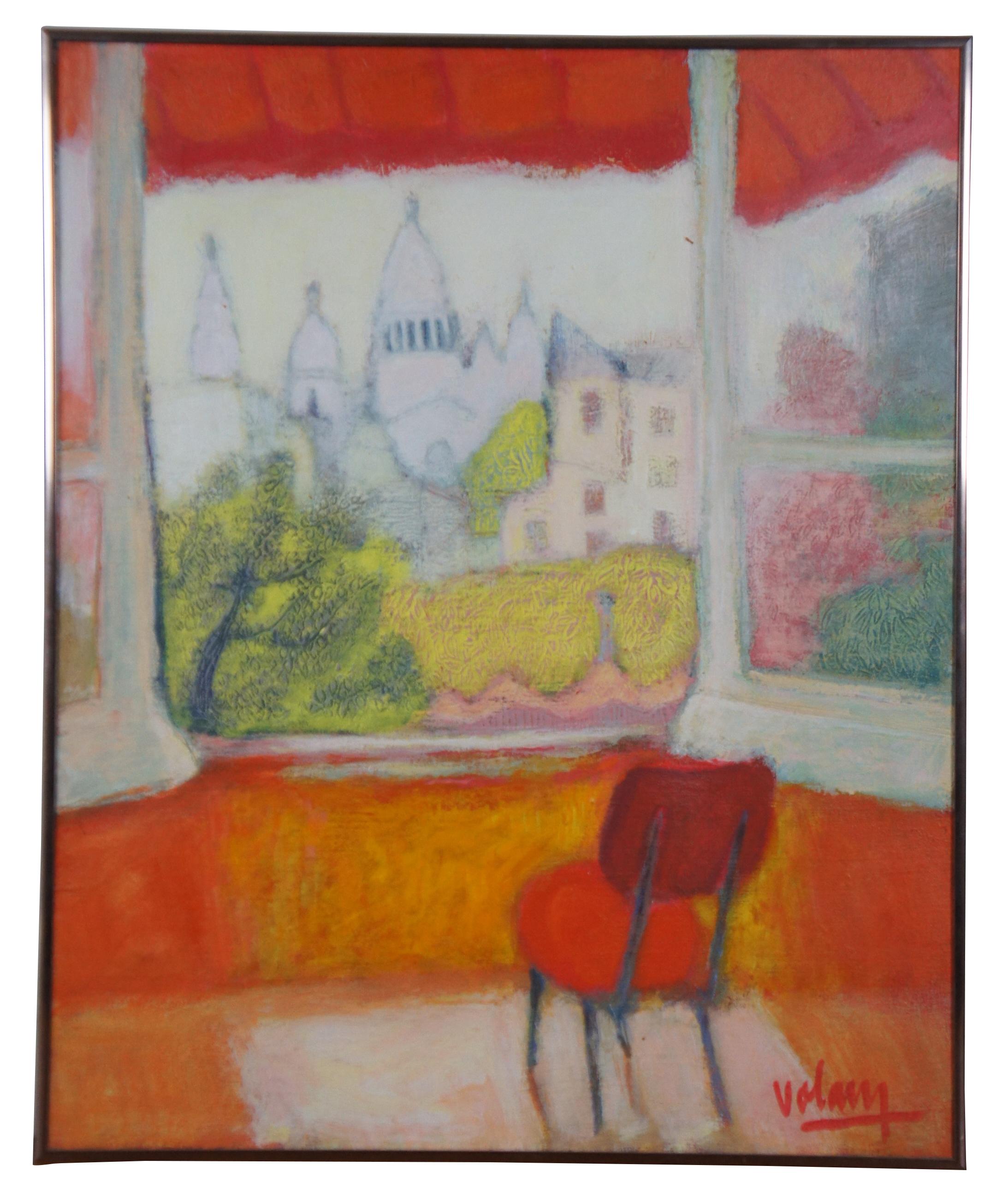 Peinture moderniste originale du milieu du siècle dernier à l'huile sur toile de jute de Jean Volang intitulée Sacre Coeur from a Window. Jean Volang était un peintre asiatique moderne et contemporain vietnamien qui est né en 1921, deuxième de