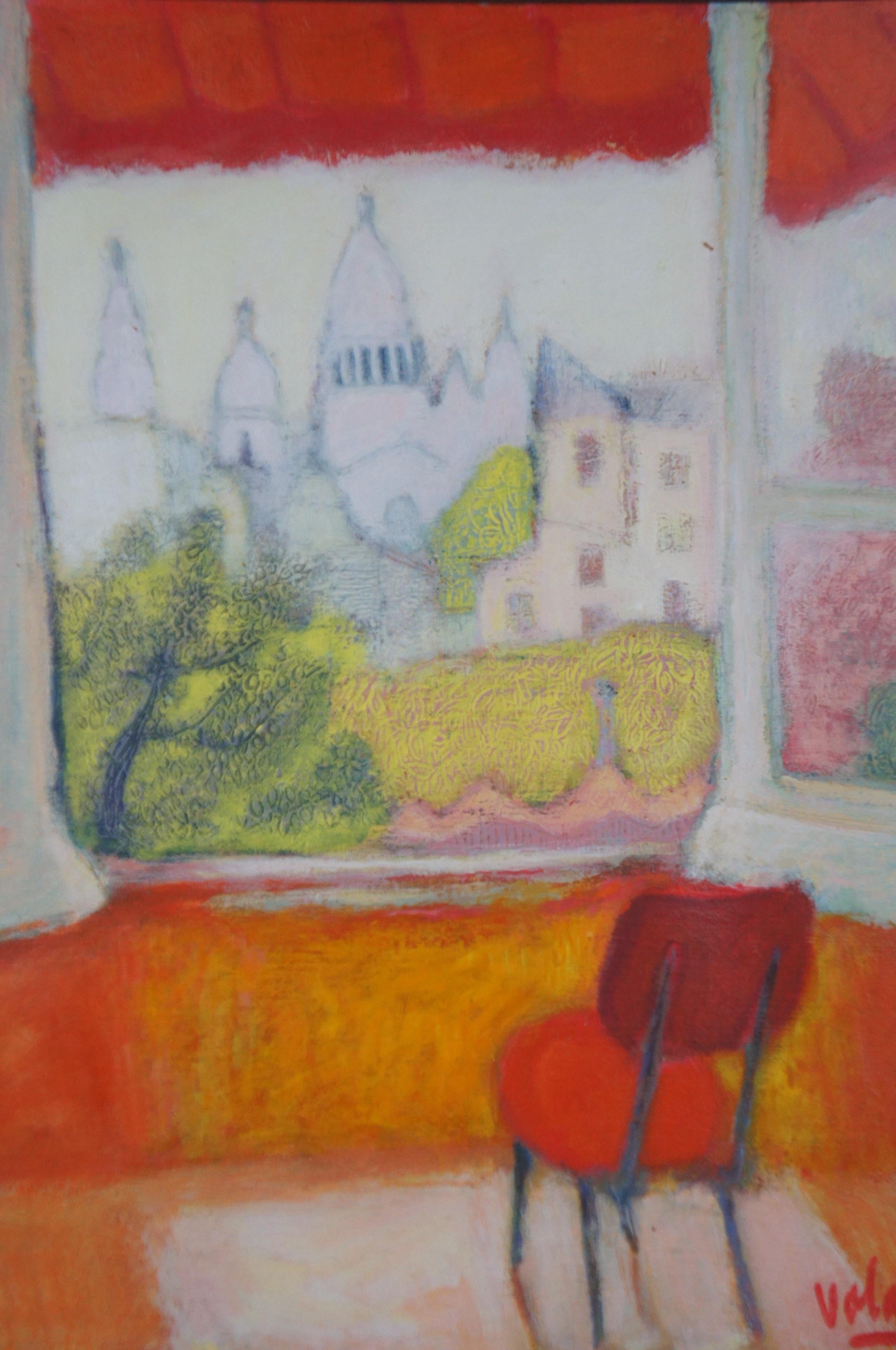 Jean Volang Sacre Coeur depuis une fenêtre Paysage urbain moderniste Orig. Peinture à l'huile 3