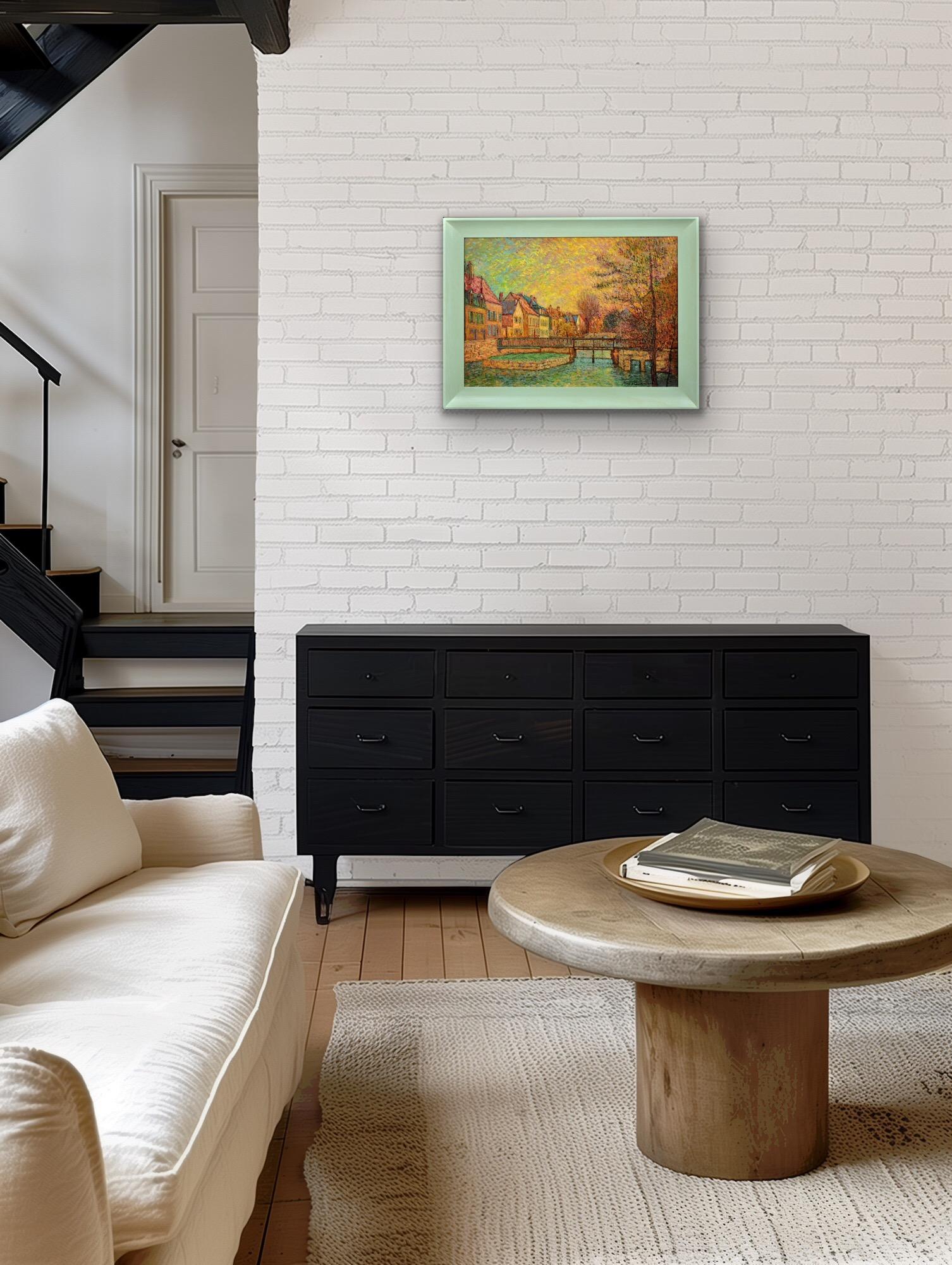 Gerahmtes pointillistisches Ölgemälde des Flusses Eure im alten Viertel von Chartres im Angebot 5