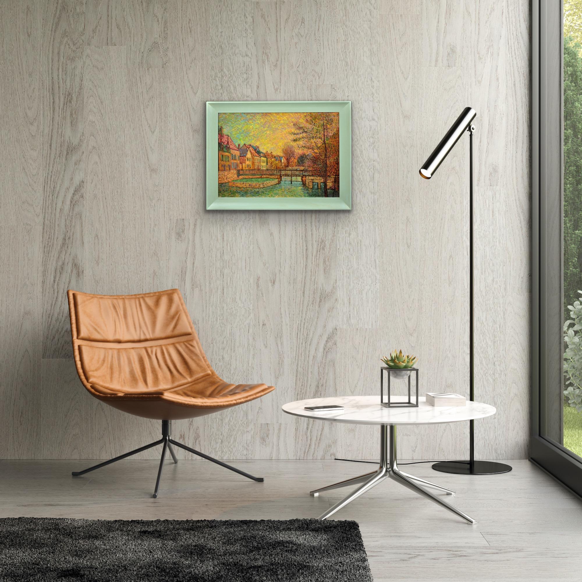 Gerahmtes pointillistisches Ölgemälde des Flusses Eure im alten Viertel von Chartres im Angebot 7