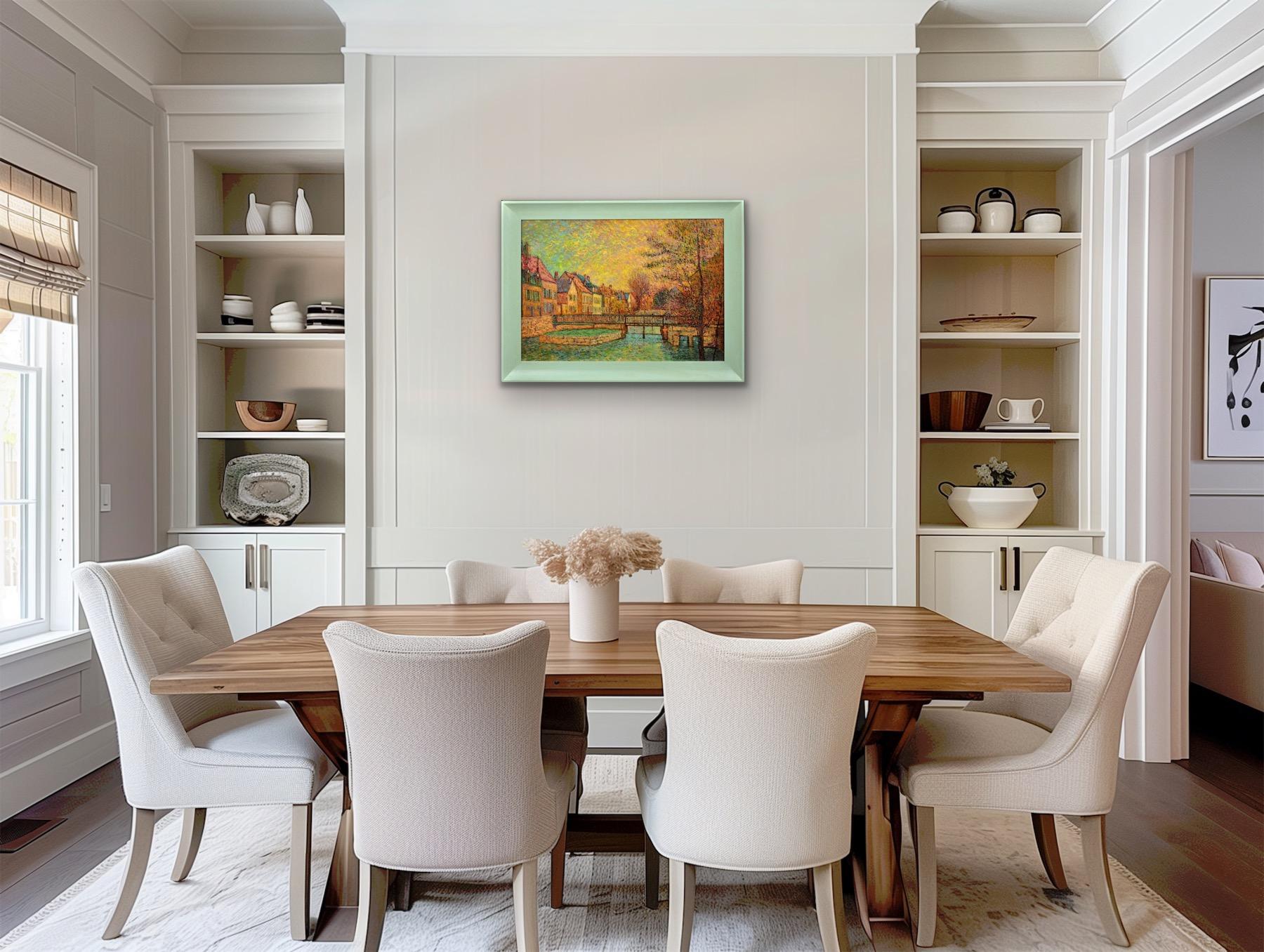 Gerahmtes pointillistisches Ölgemälde des Flusses Eure im alten Viertel von Chartres im Angebot 8