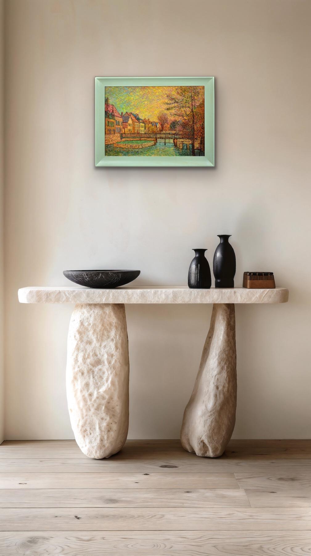 Gerahmtes pointillistisches Ölgemälde des Flusses Eure im alten Viertel von Chartres im Angebot 9