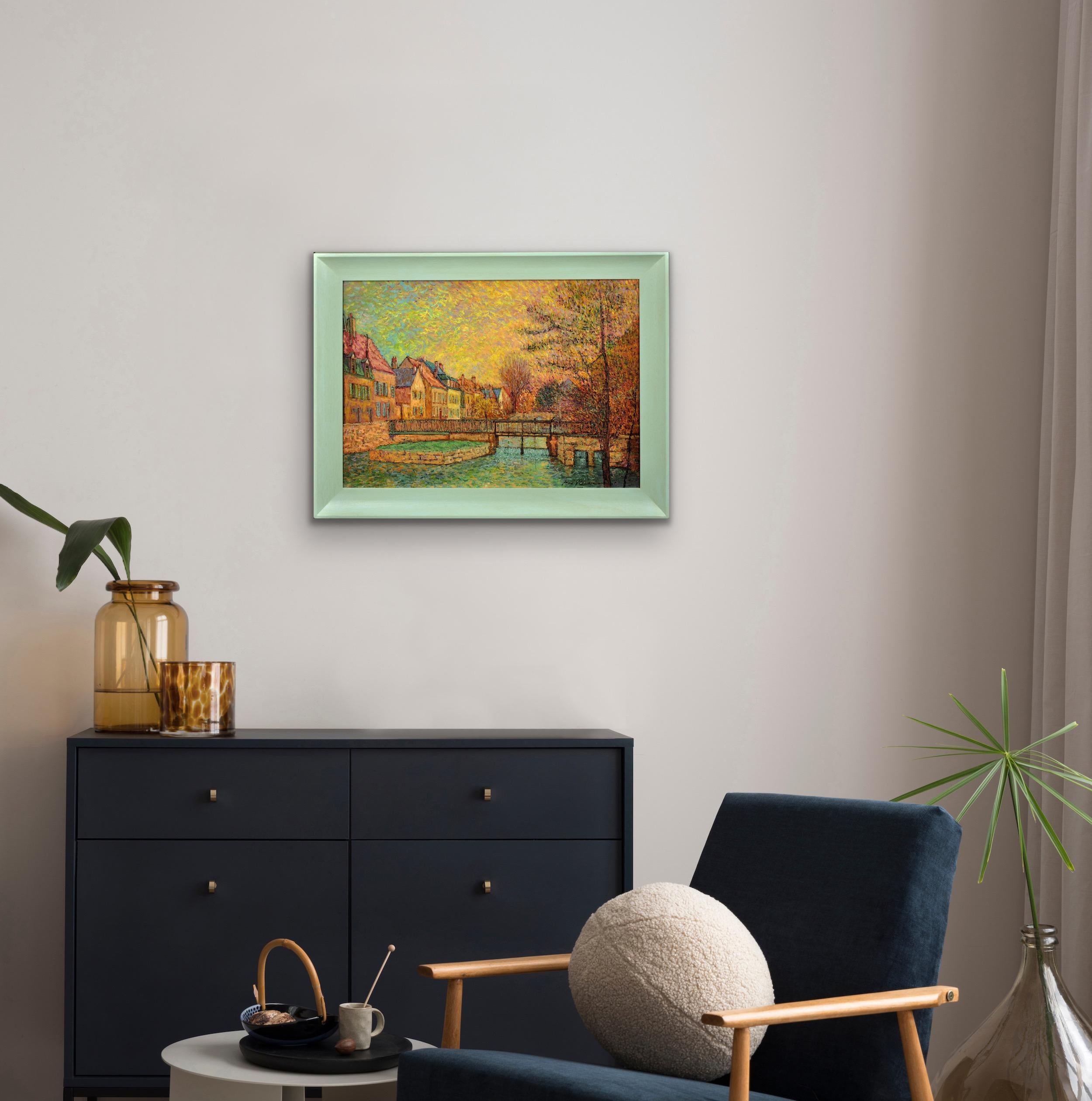 Gerahmtes pointillistisches Ölgemälde des Flusses Eure im alten Viertel von Chartres im Angebot 10