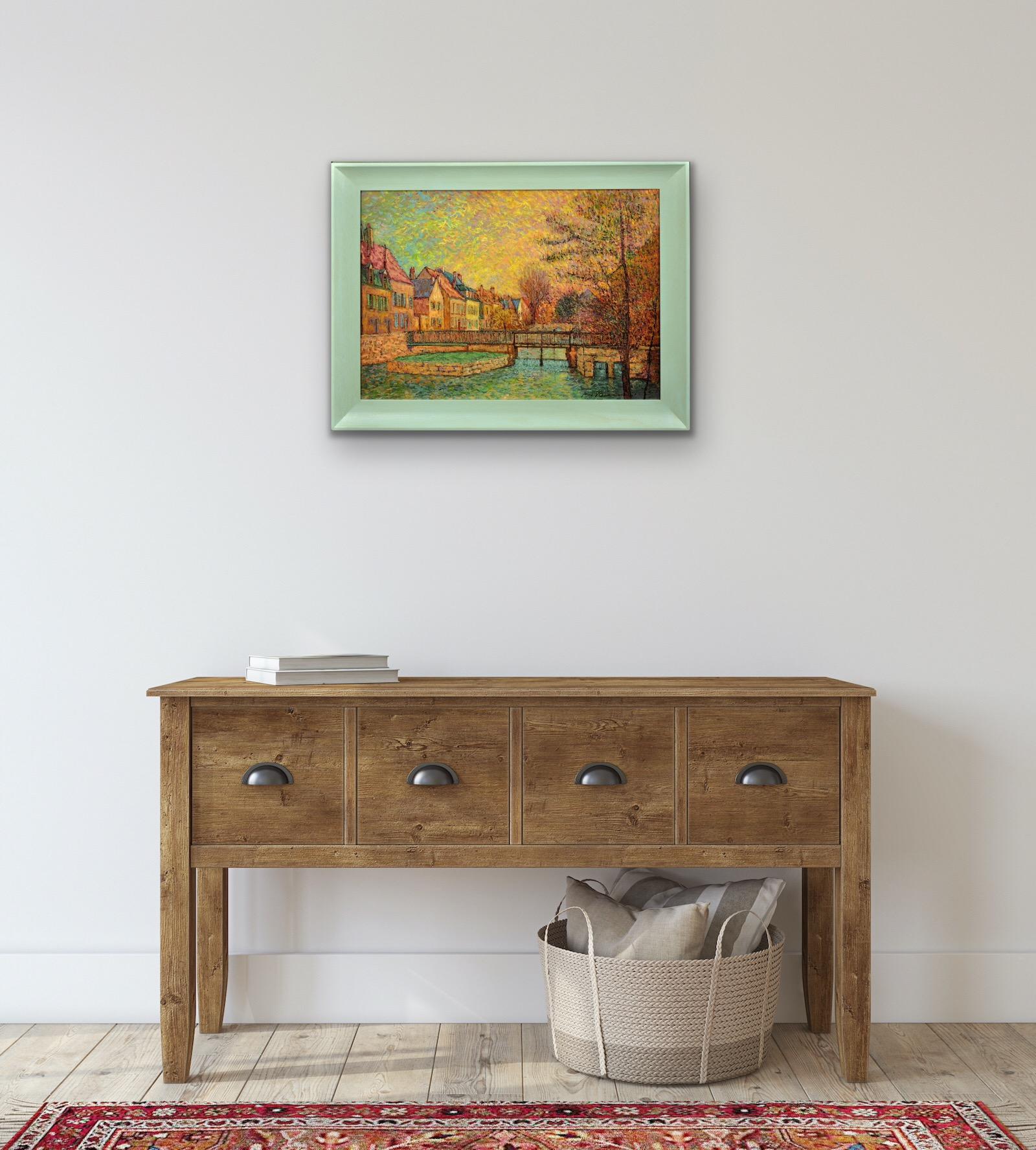 Gerahmtes pointillistisches Ölgemälde des Flusses Eure im alten Viertel von Chartres im Angebot 11