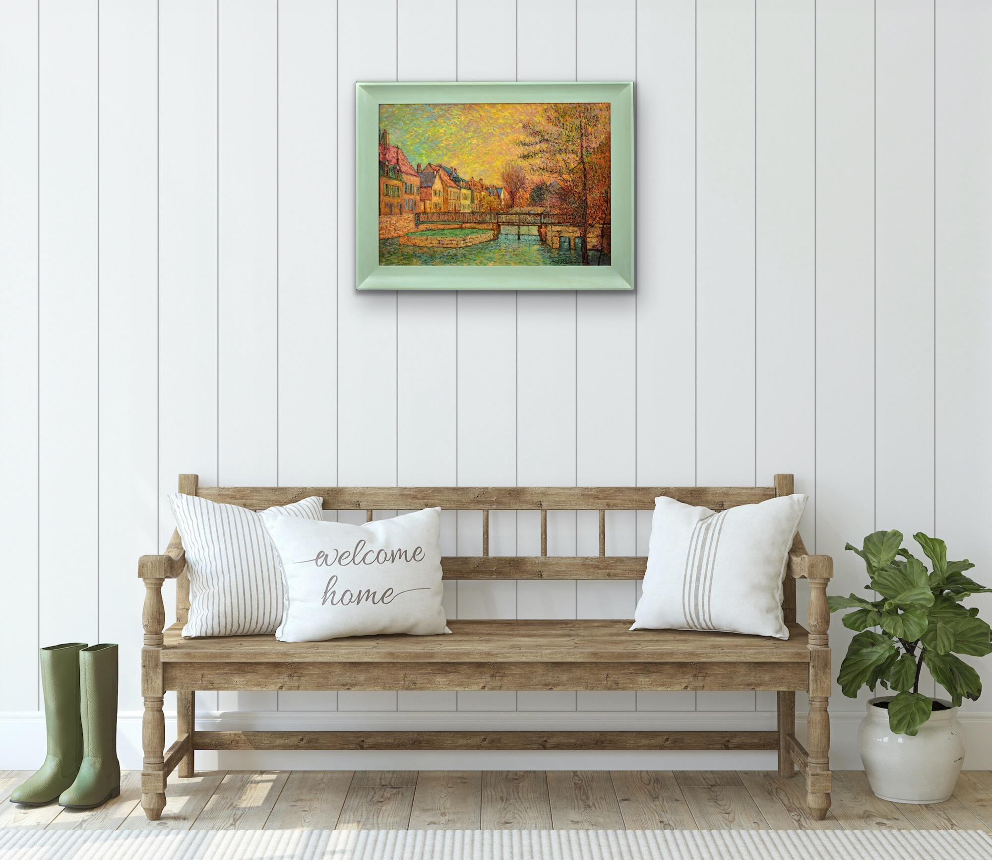 Gerahmtes pointillistisches Ölgemälde des Flusses Eure im alten Viertel von Chartres im Angebot 12