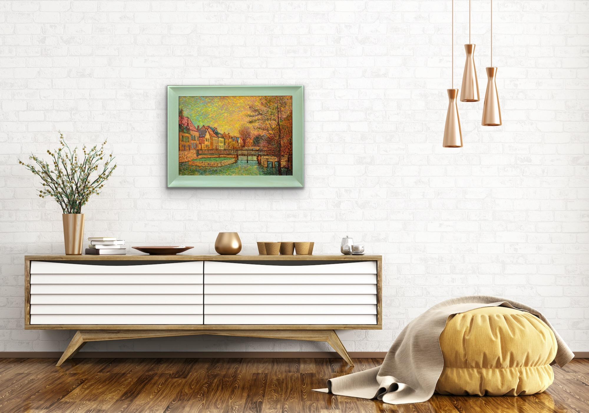 Gerahmtes pointillistisches Ölgemälde des Flusses Eure im alten Viertel von Chartres im Angebot 13