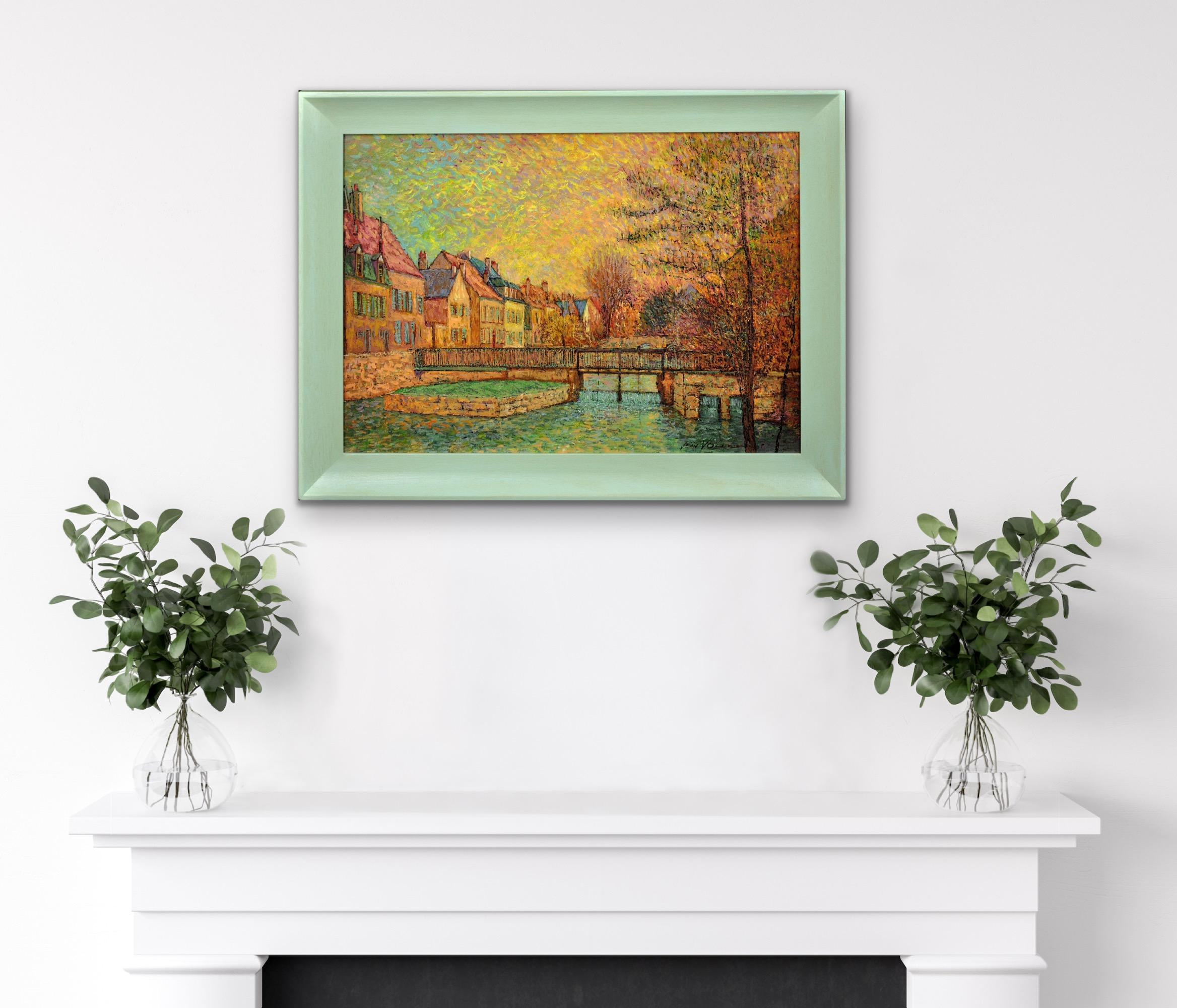 Gerahmtes pointillistisches Ölgemälde des Flusses Eure im alten Viertel von Chartres im Angebot 14