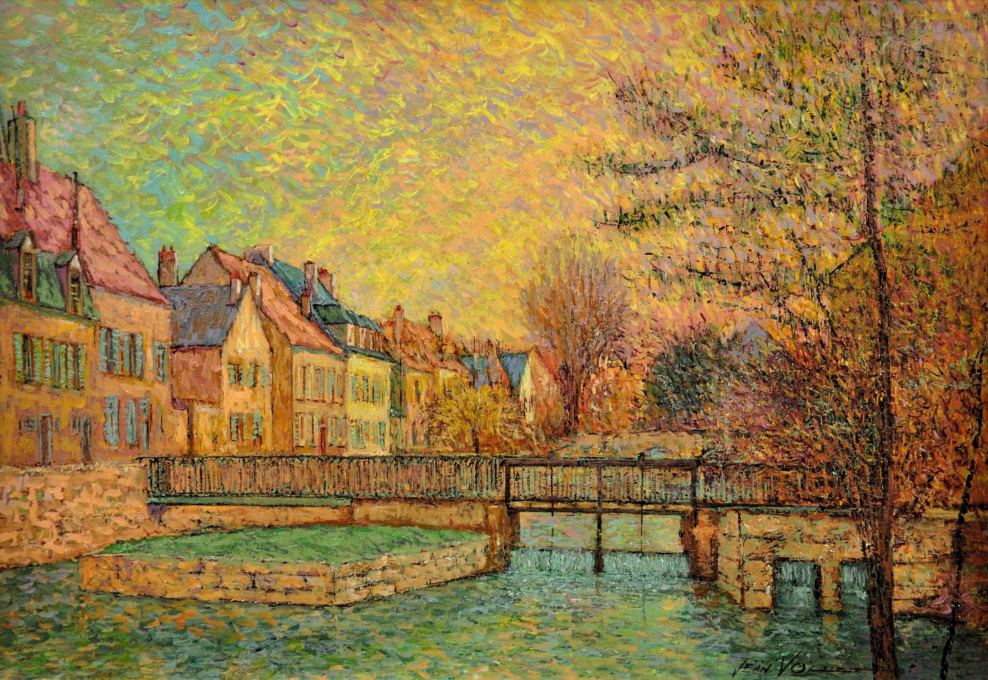 Gerahmtes pointillistisches Ölgemälde des Flusses Eure im alten Viertel von Chartres – Painting von Jean Vollet