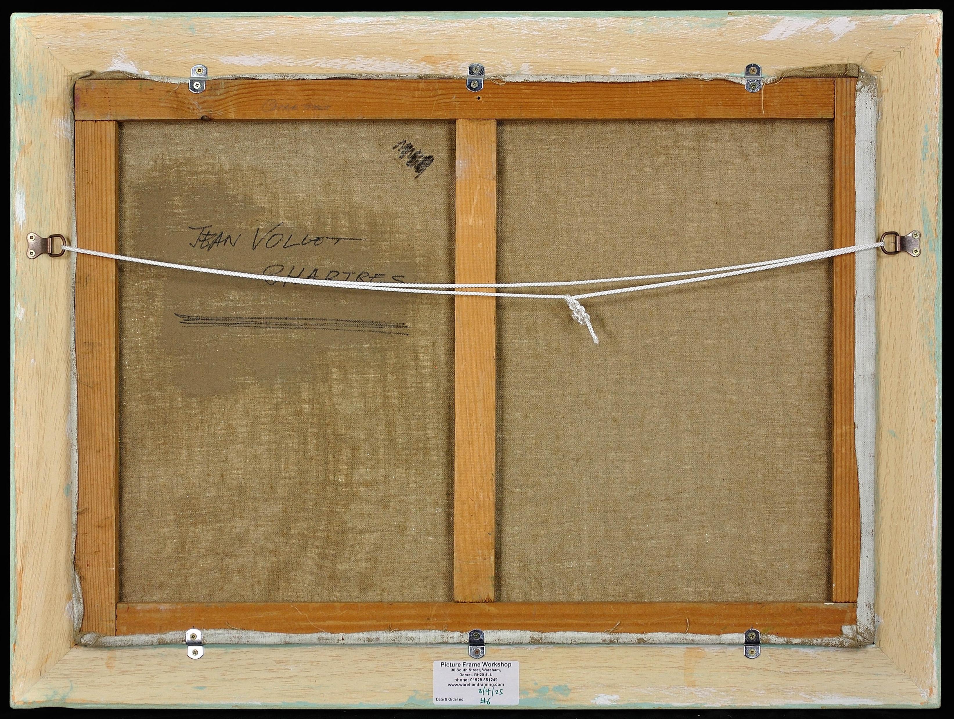 Gerahmtes pointillistisches Ölgemälde des Flusses Eure im alten Viertel von Chartres (Braun), Landscape Painting, von Jean Vollet